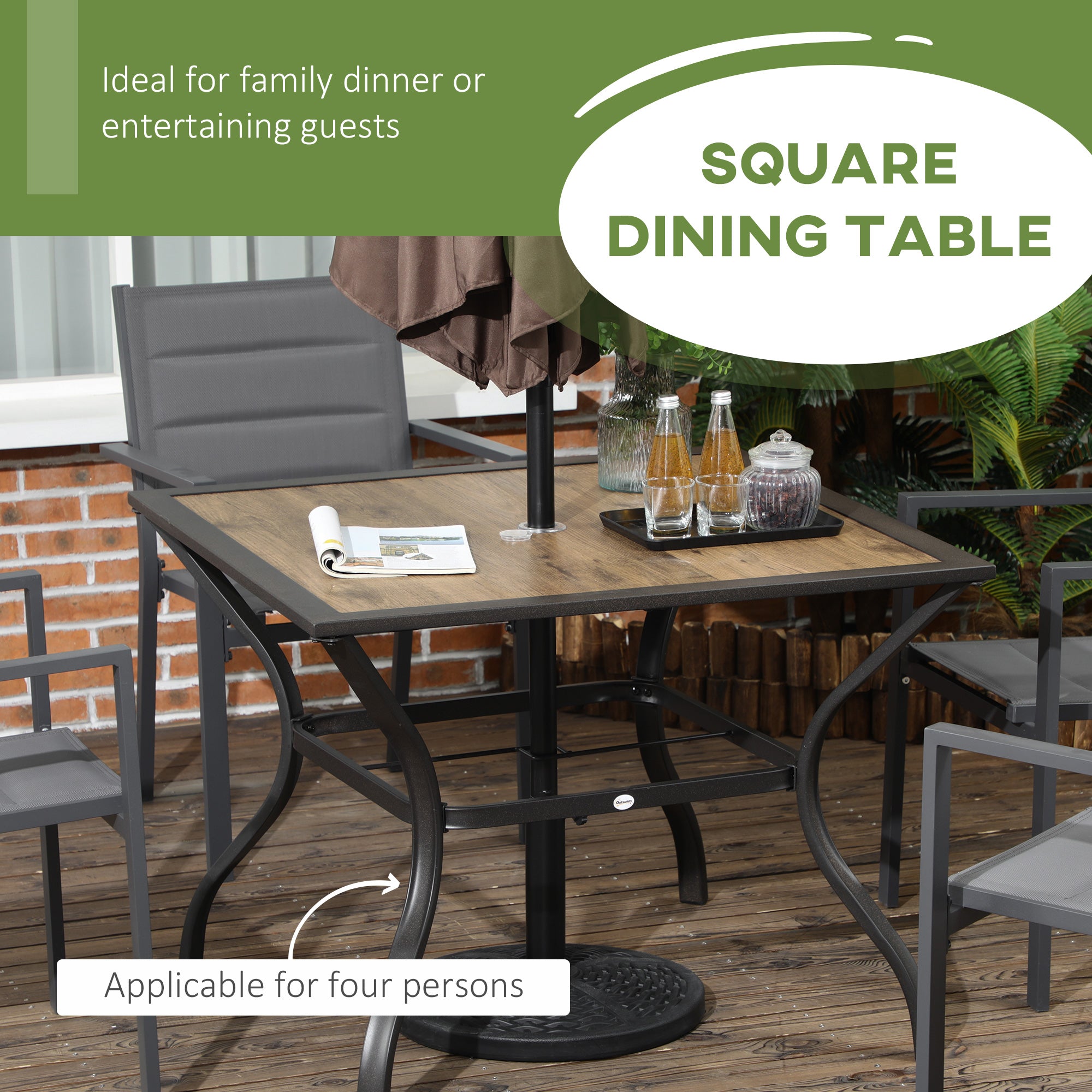 37" Garden Outdoor Dining Table for 4, Square Patio Table with Umbrella Hole, Plastic Board Tabletop for Backyard, Poolside, Mixed Brown