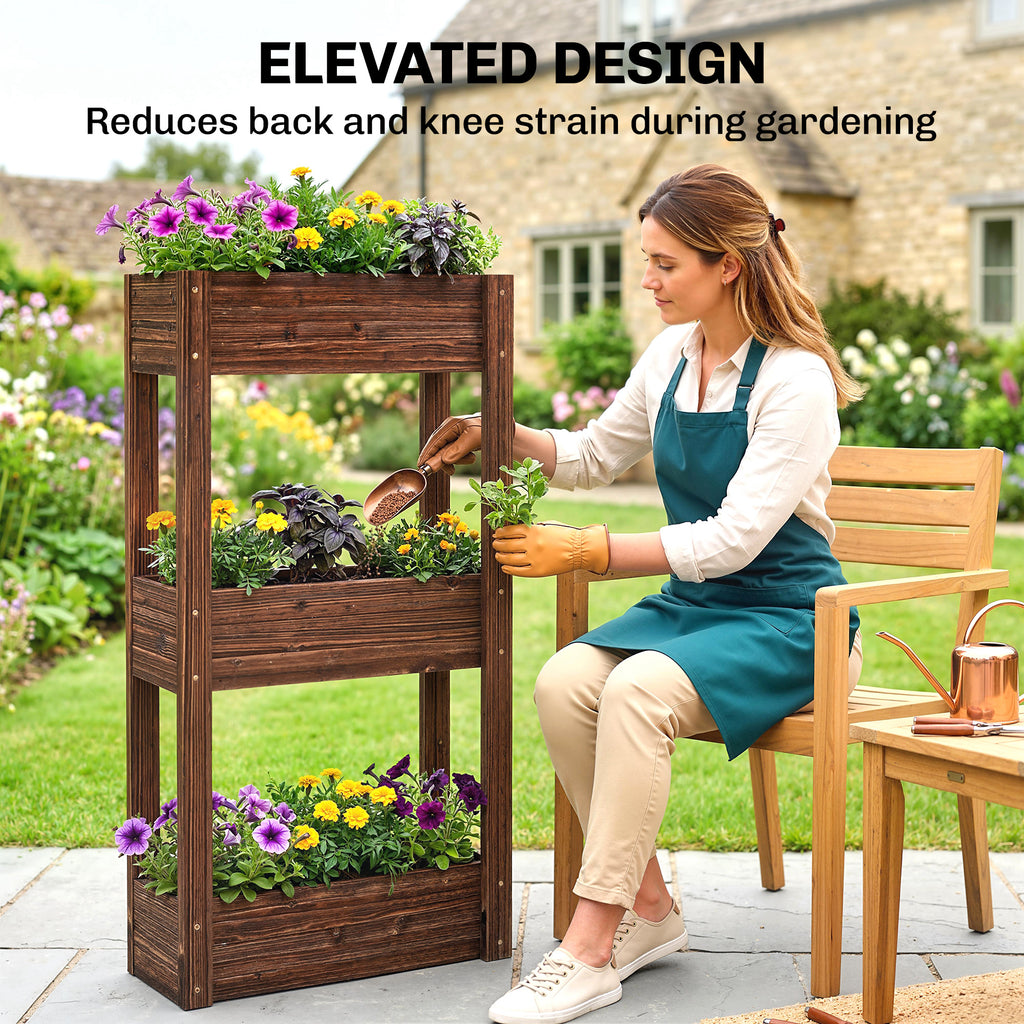 3-Tier Wooden Raised Garden Bed with Legs, 23.6" x 9.8" x 47.2" Elevated Planter Box with Drainage Holes and Bed Liner