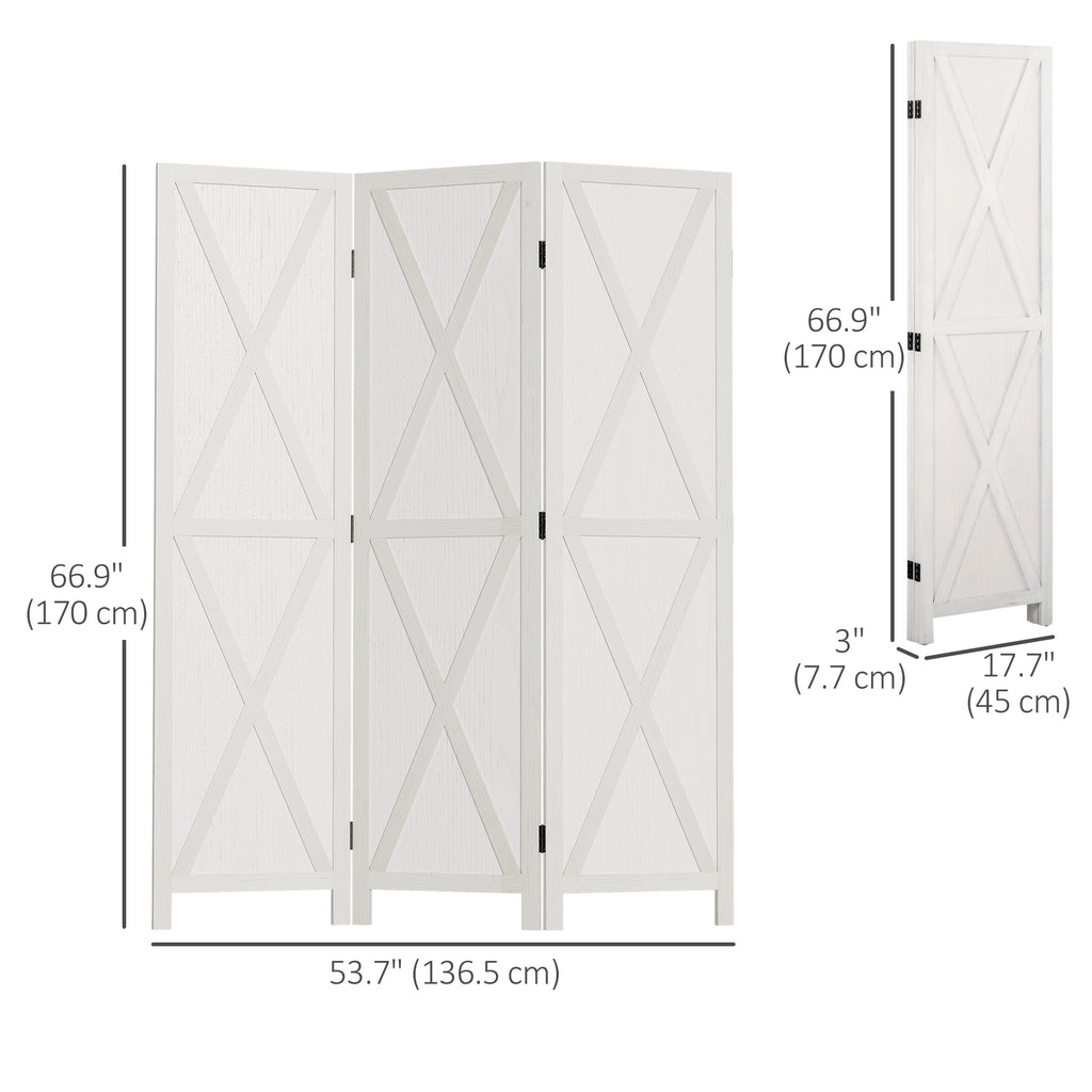 3-panel Wall Partition Farmhouse Room Separator with Foldable Design Wooden Frame 5.6FT, White