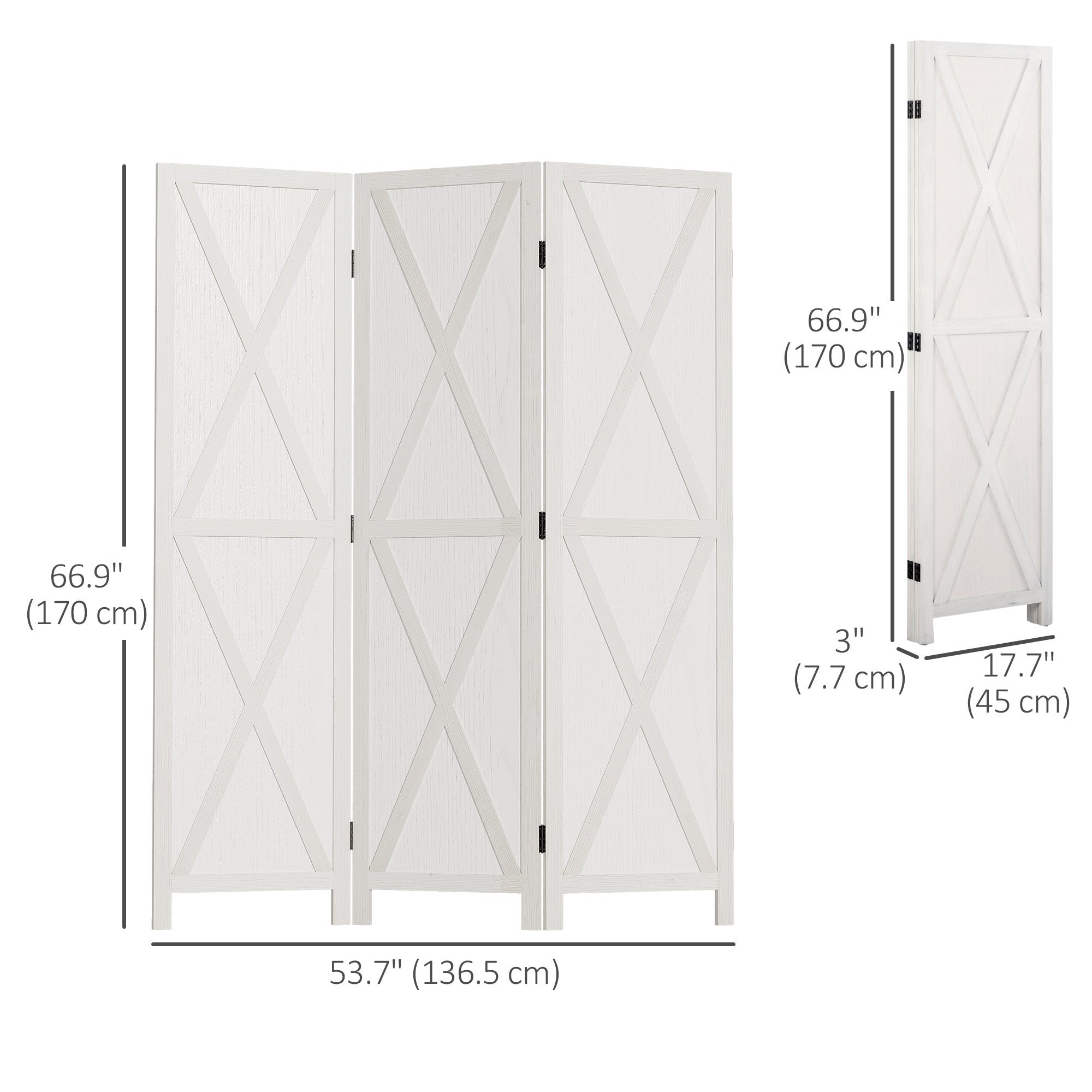 3-panel Wall Partition Farmhouse Room Separator with Foldable Design Wooden Frame 5.6FT, White