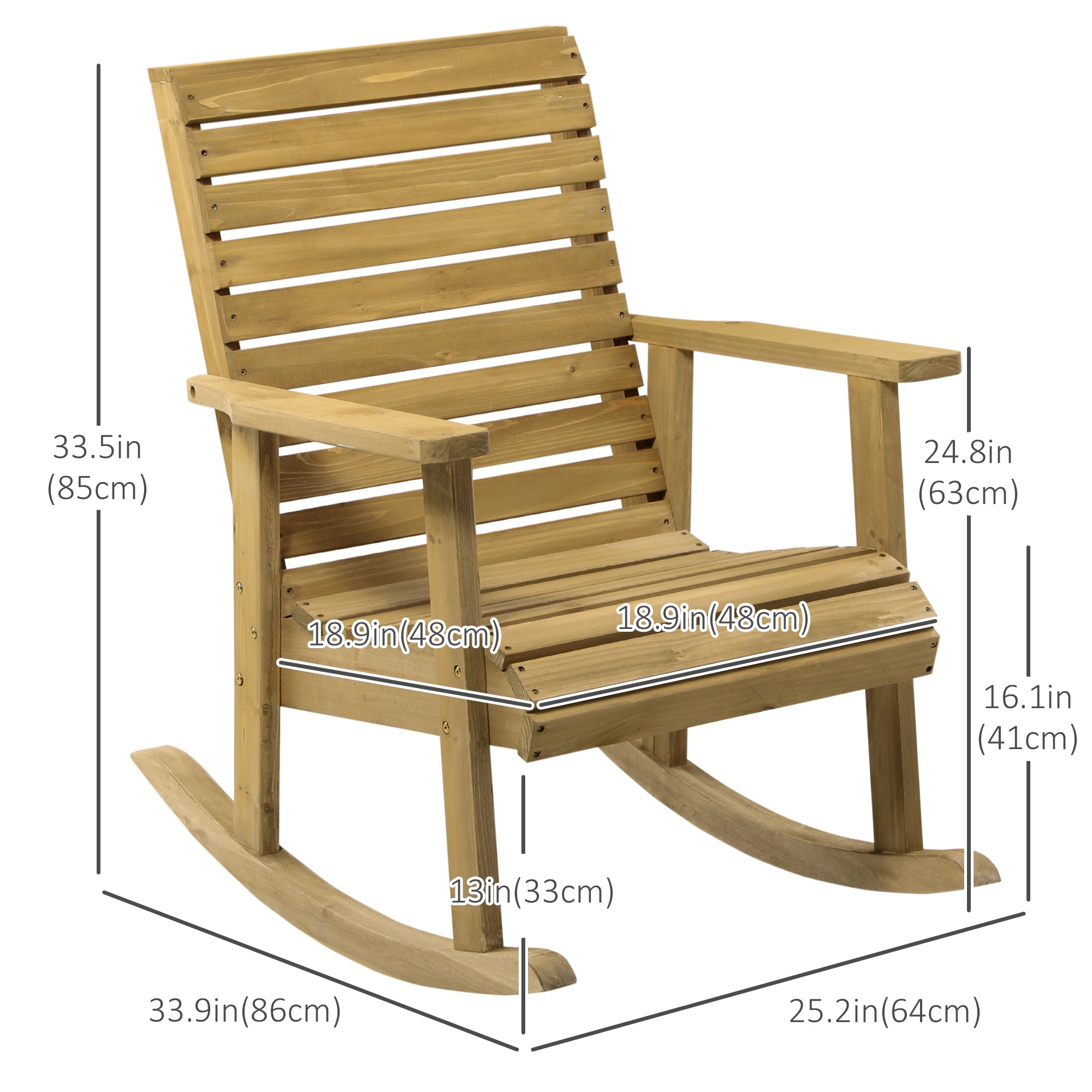 Wooden Outdoor Rocking Chair, Patio Traditional Rocking Chair, Slatted Structure Porch Rocker w/ Armrest for Both Outdoor and Indoor, Light Brown