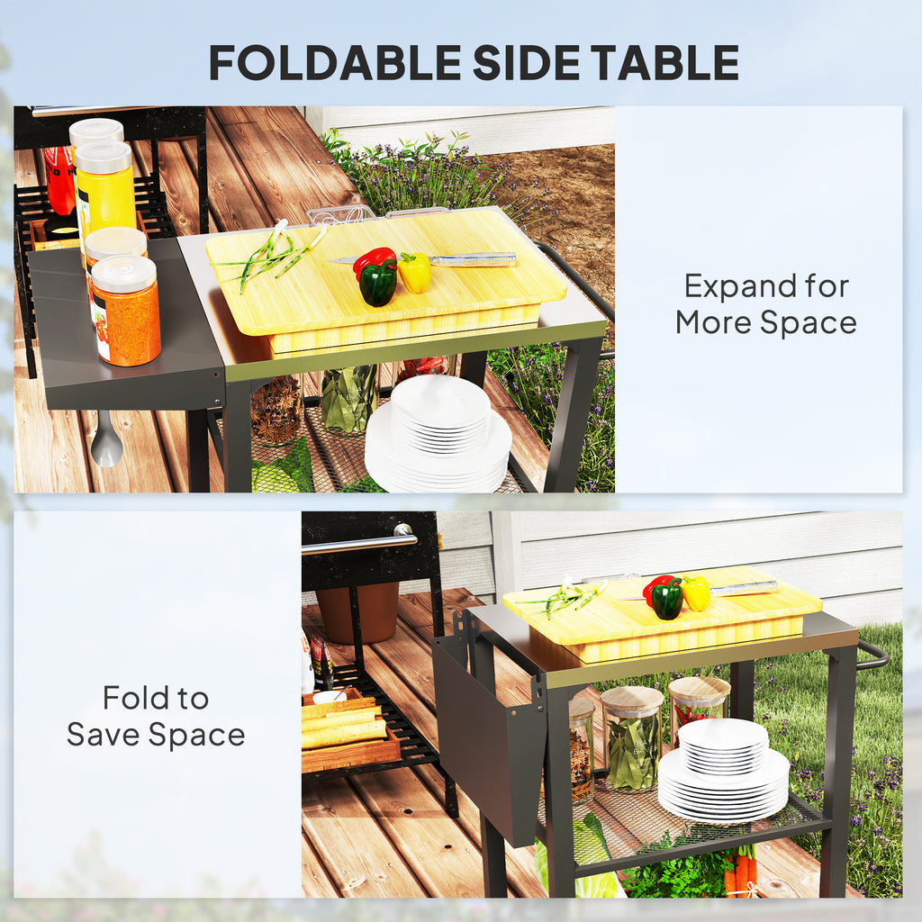 Outdoor Grill Cart w/ Foldable Side Table, 3-Tier Pizza Oven Stand w/ Stainless Steel Tabletop, Hooks, Wheels