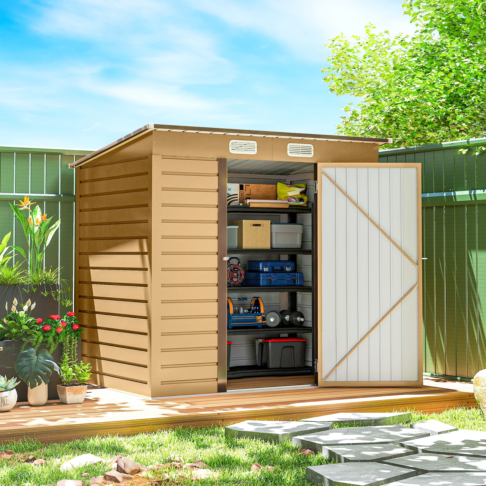 6 x 4FT Galvanized Garden Storage Shed, Metal Outdoor Shed with Double Doors and 2 Vents, Yellow