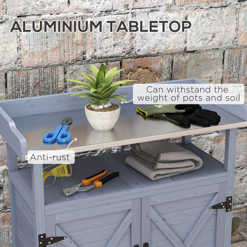 Outdoor Wooden Potting Bench with Storage Cabinet, Aluminum Tabletop, Rubber Wheels for Backyard, Patio, Balcony, Grey