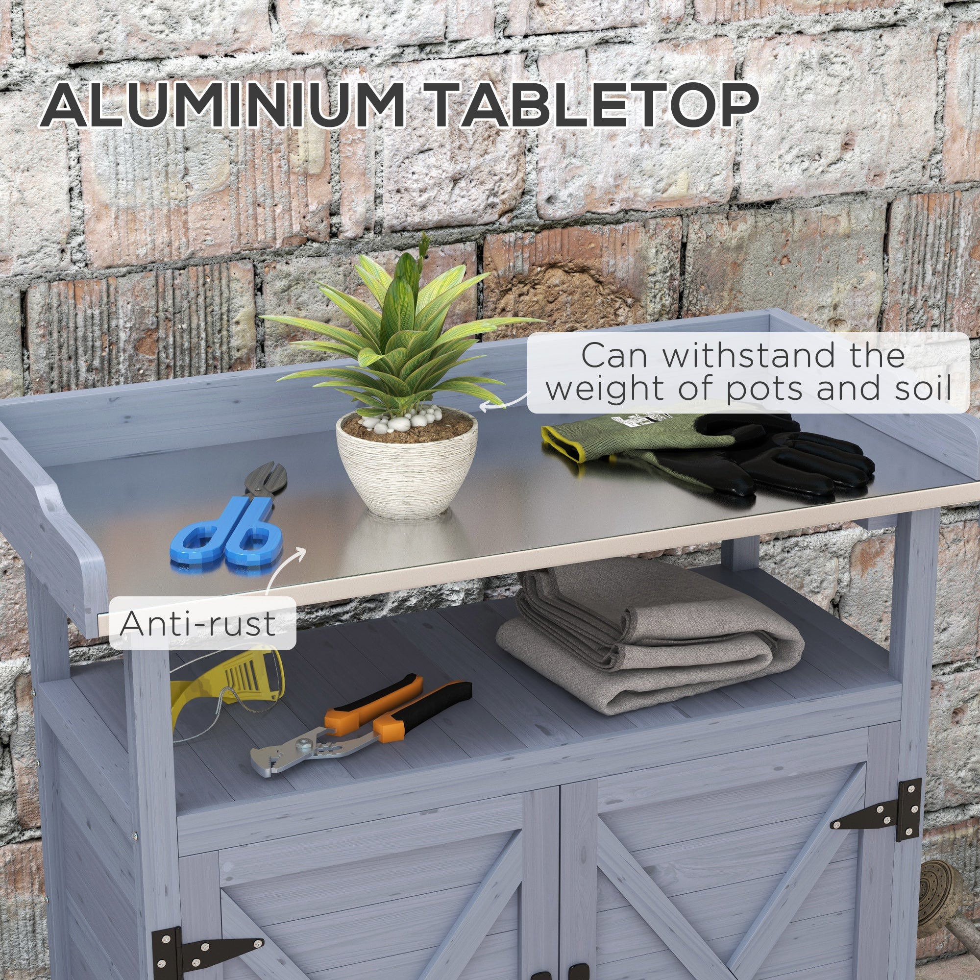 Outdoor Wooden Potting Bench with Storage Cabinet, Aluminum Tabletop, Rubber Wheels for Backyard, Patio, Balcony, Grey