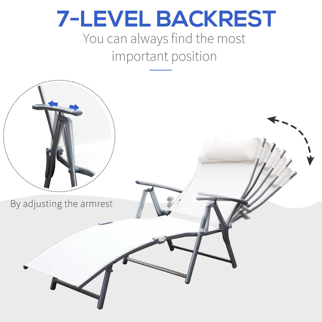 Outdoor Folding Chaise Lounge Chair Steel Portable Recliner with 7 Adjustable Backrest Positions, Cream White