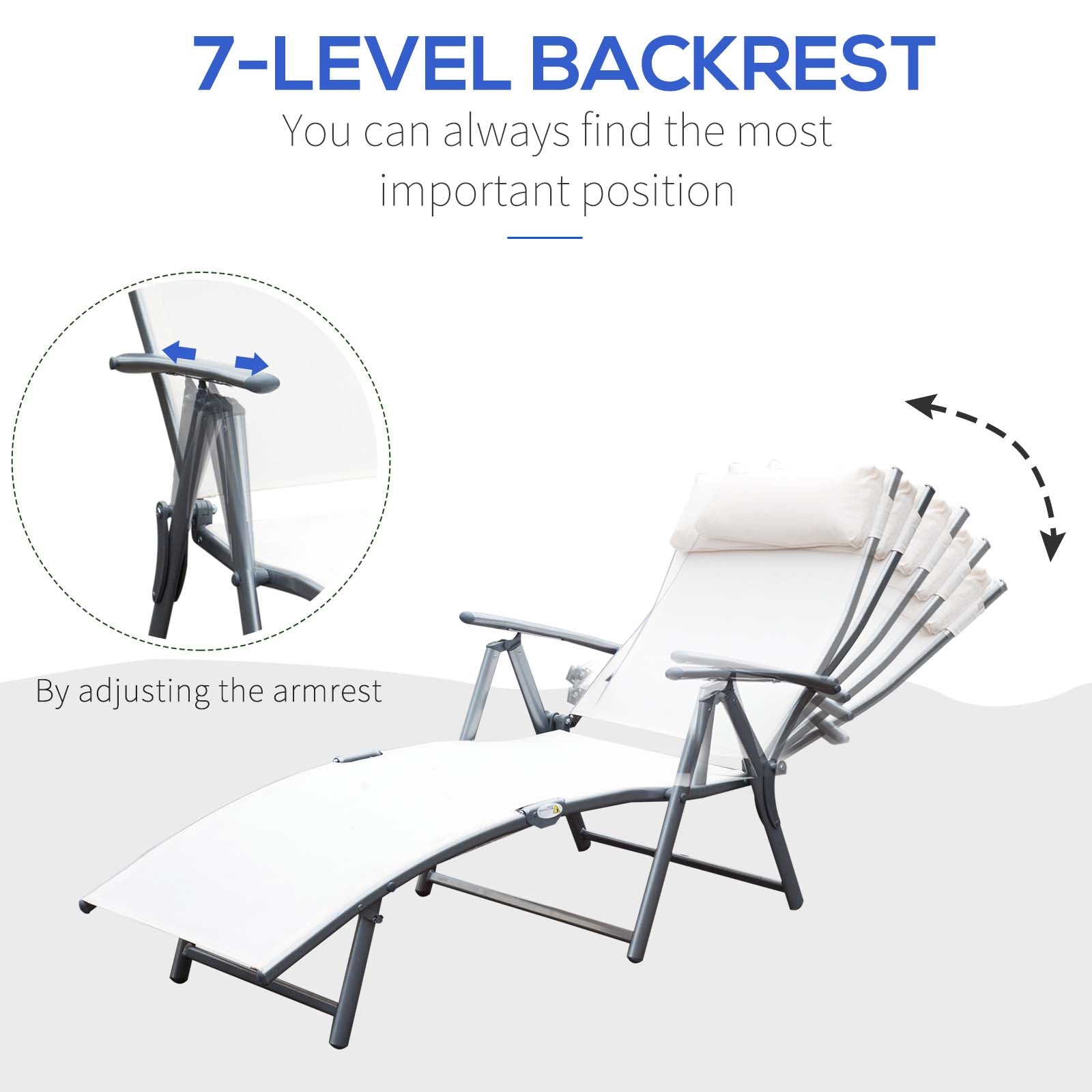 Outdoor Folding Chaise Lounge Chair Steel Portable Recliner with 7 Adjustable Backrest Positions, Cream White