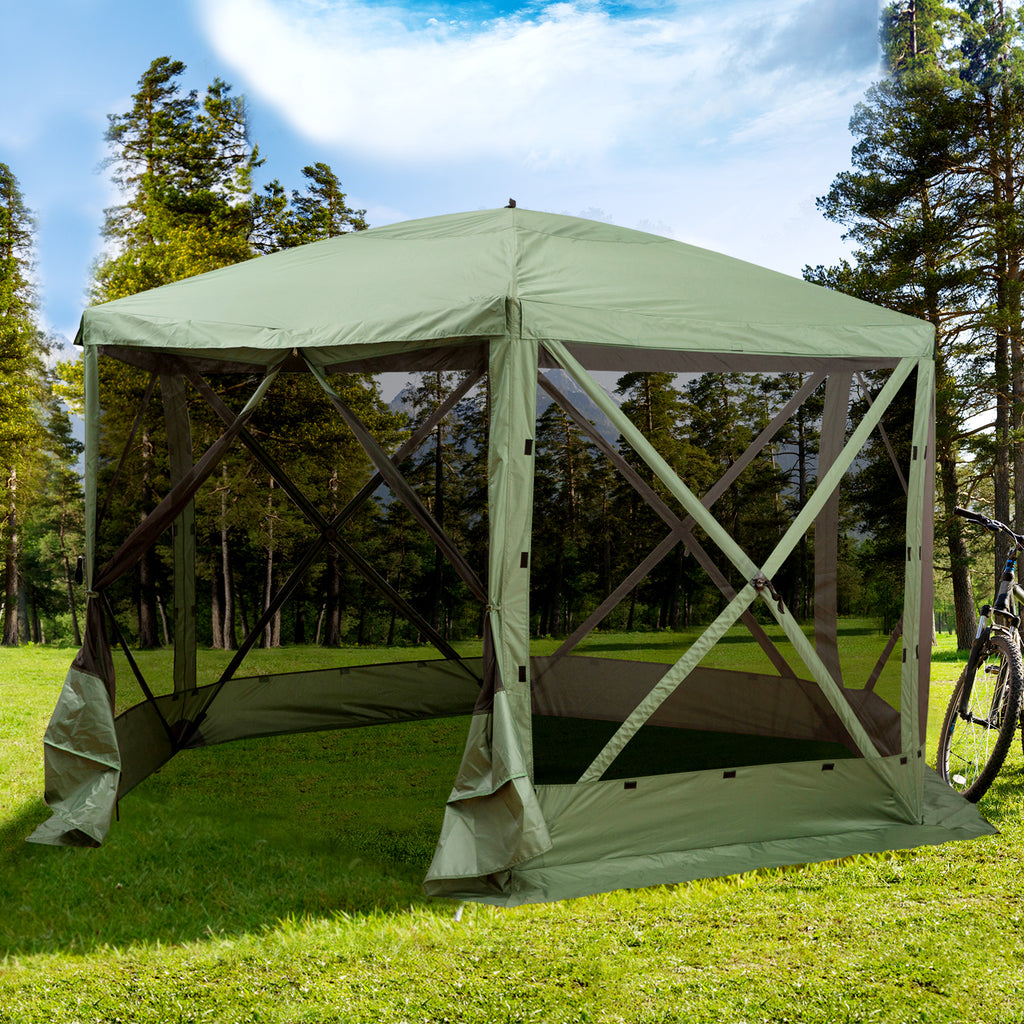 12' x 12' Hexagon Automatic Pop Up Screen Tents Camping Shelter Picnic Canopy Outdoor Sun Shade with Mesh Sidewalls and Carry Bag, Green