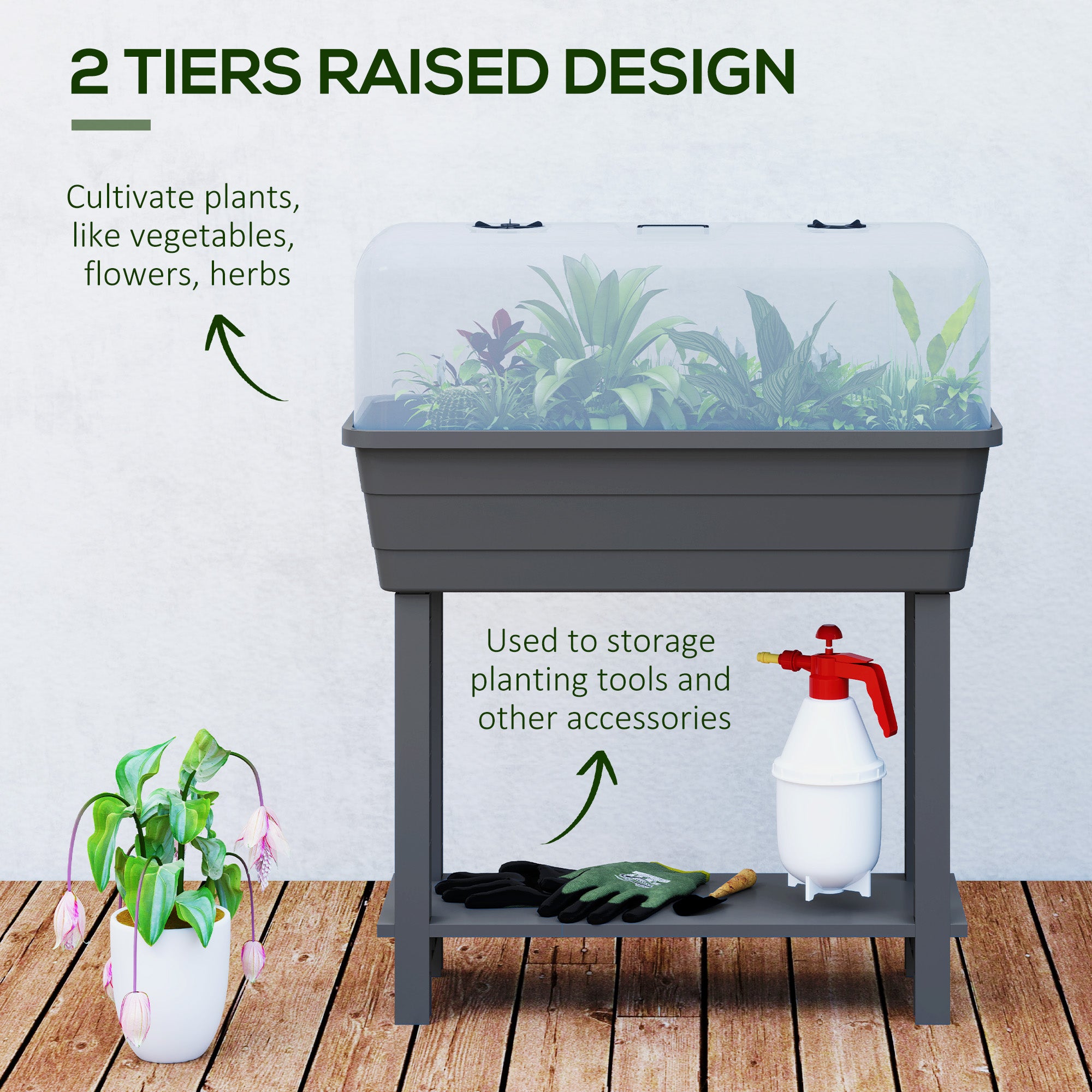 41L Self Watering Raised Garden Bed w/ Ventilation Transparent Lid Greenhouse, Planter Box w/ Storage Shelf, Dark Grey
