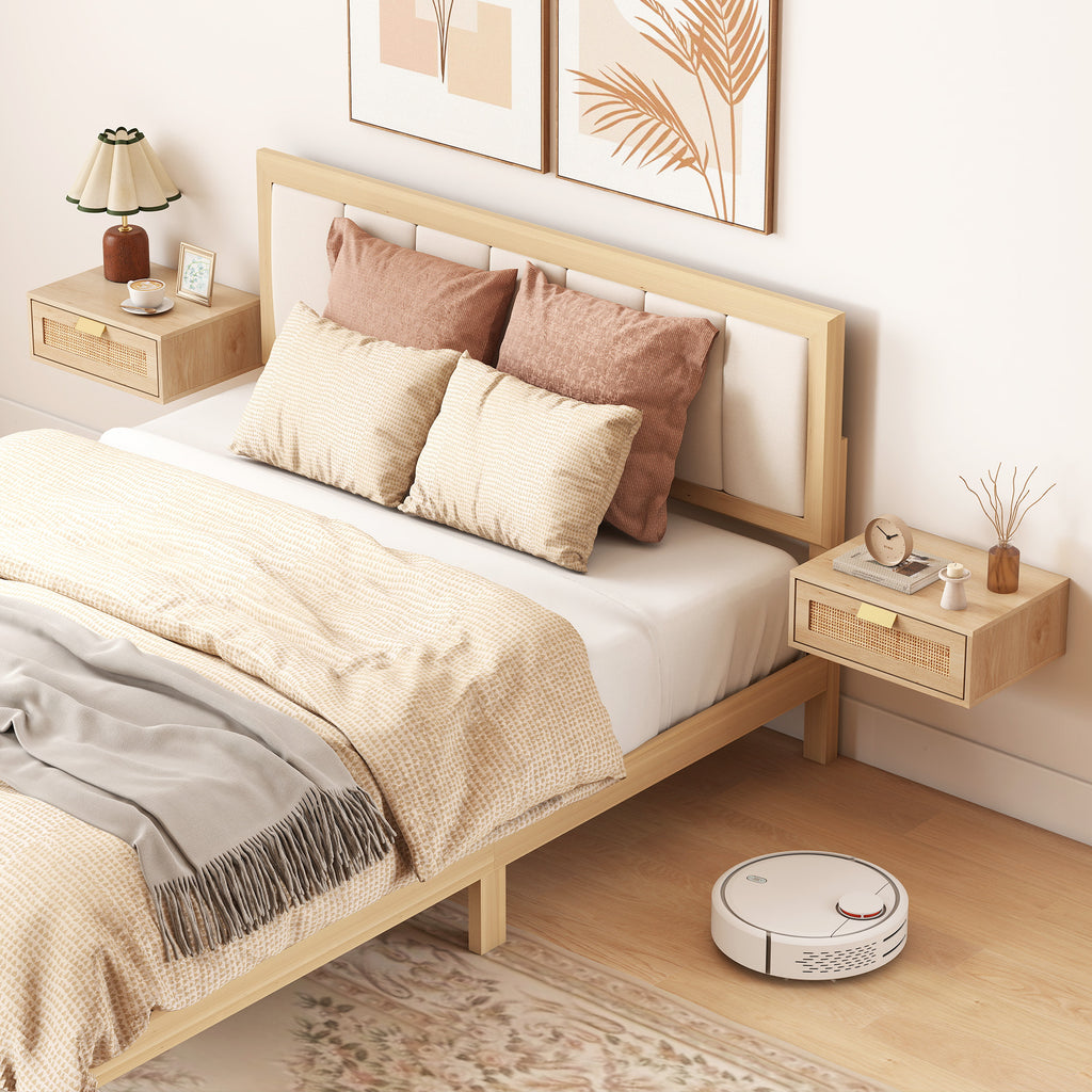 Floating Bedside Tables Set of 2, Wall Mounted Nightstands with Rattan Drawer and Wood Effect, Oak