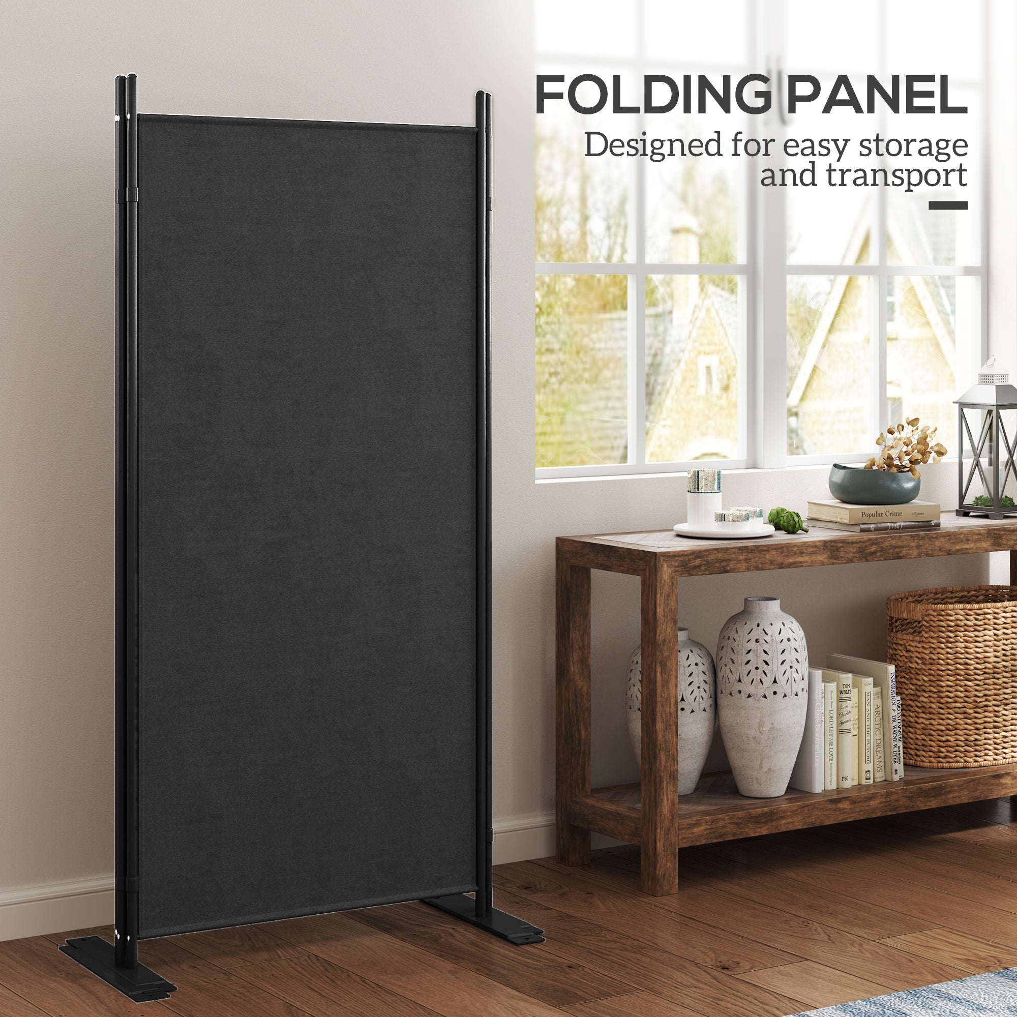 3 Panel Folding Outdoor Privacy Screen, 5.8FT Tall Room Divider with UV30+ Protection, Freestanding Privacy Panel Partition with Stable Base for Indoor Outdoor, Dark Grey