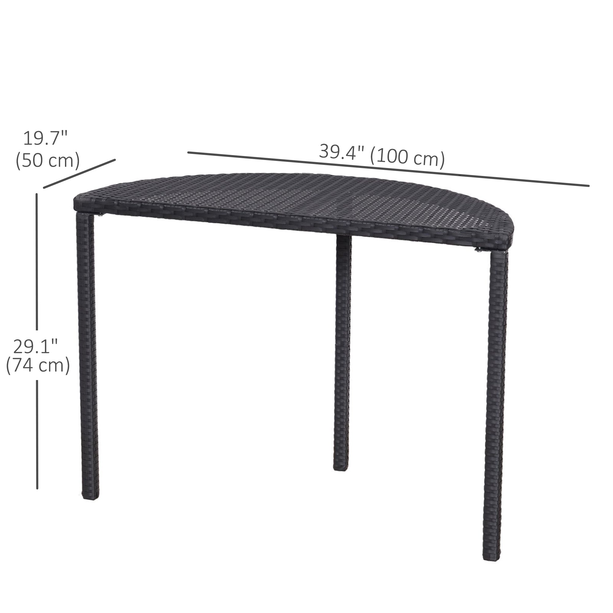 Half Round Side Table, PE Rattan Coffee Table with Metal Frame for Patio, Garden, Balcony, Black