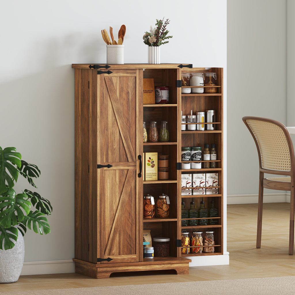 47" Kitchen Pantry Storage Cabinet, Farmhouse Kitchen Pantry Cabinet with Adjustable Shelves and Door Shelves, Brown