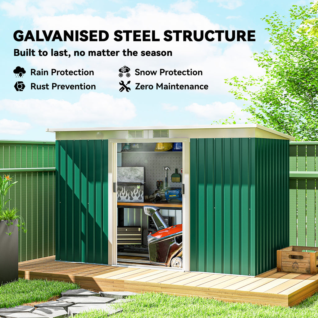 9' x 4' Garden Tool Shed Metal Storage Shed Outdoor Equipment Tool Box with Foundation Kit, Ventilation & Doors, Dark Green