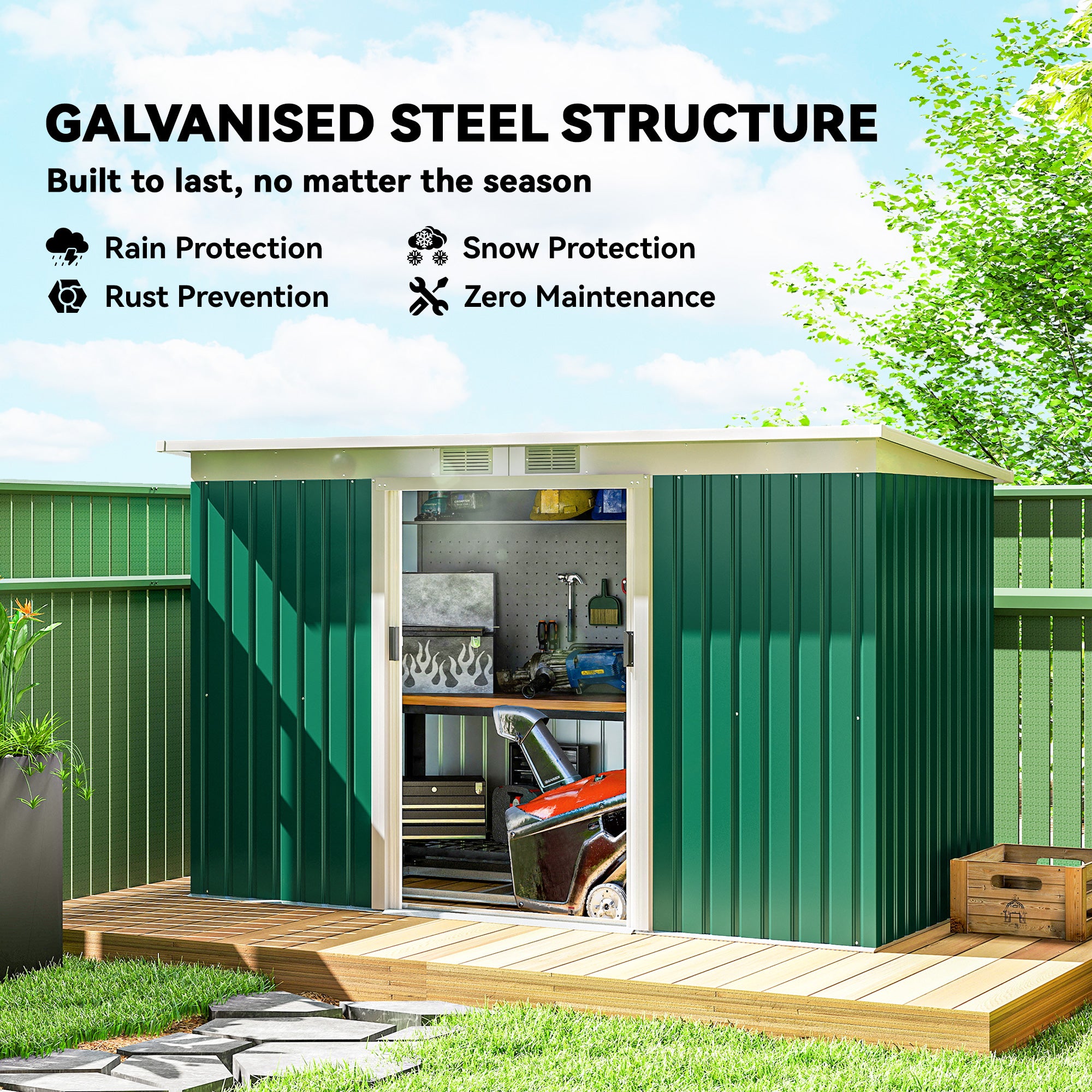 9' x 4' Garden Tool Shed Metal Storage Shed Outdoor Equipment Tool Box with Foundation Kit, Ventilation & Doors, Dark Green