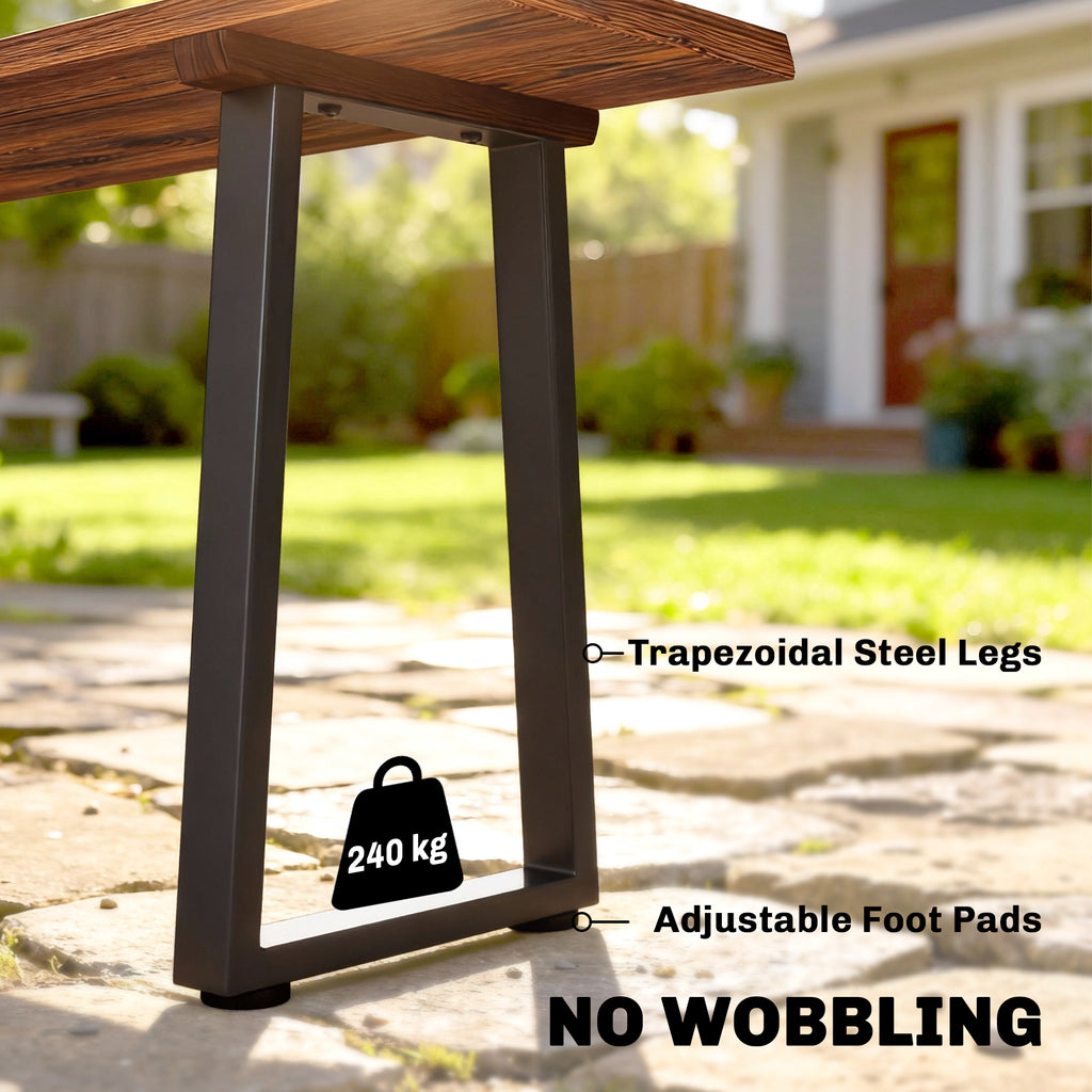 Wood Outdoor Bench for 2 People, 59" Backless Patio Garden Bench with Trapezoidal Steel Legs