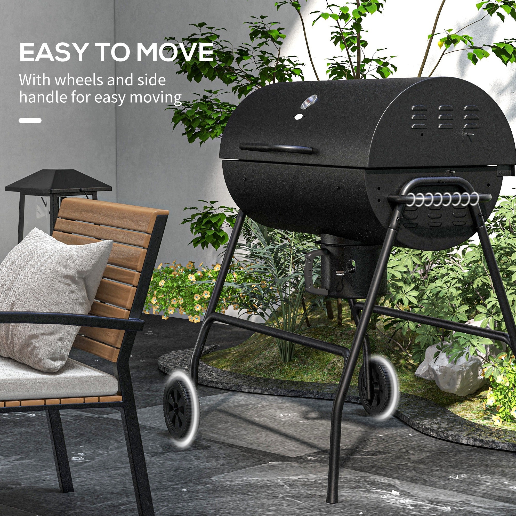 Barrel Charcoal BBQ Smoker, Barbecue with 420 sq.in. Cooking Area, Wheels, Ash Catcher, Black