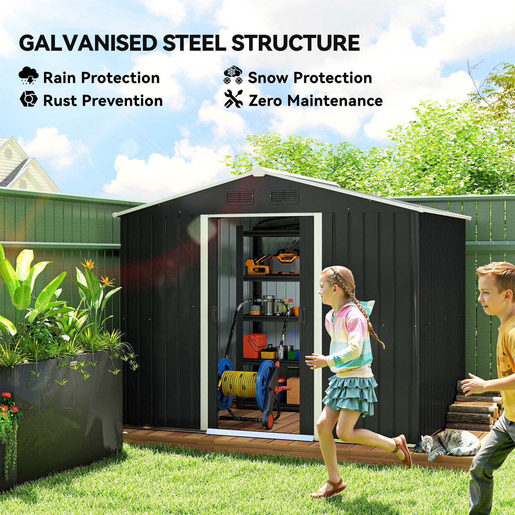8' x 6' Outdoor Storage Shed, Metal Garden Tool Storage House with Lockable Sliding Doors and Vents for Backyard Patio Lawn, Charcoal Grey