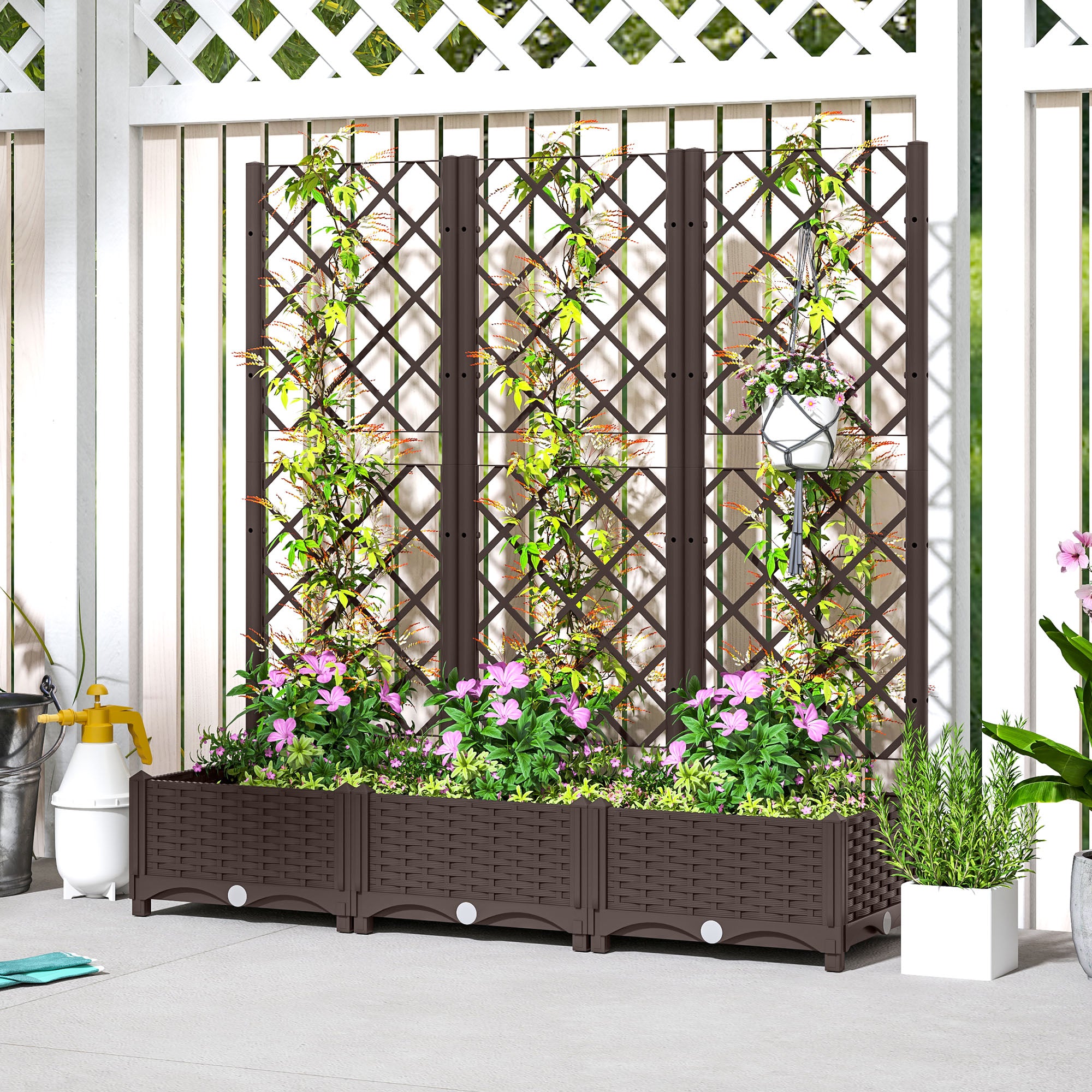 Raised Garden Bed with Trellis, PE Rattan Flower Bed with Drainage Holes and Drain Plugs, 47" x 16" x 48"