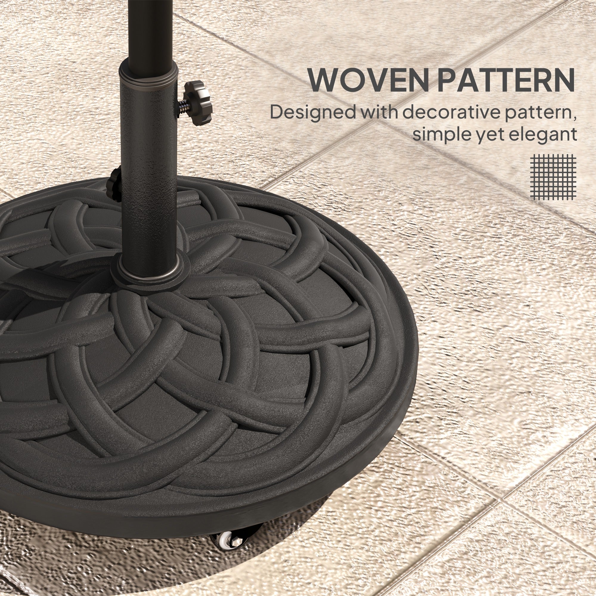 Round Patio Umbrella Base with Wheels, 44 lbs Resin Umbrella Stand Base, 1.3"/1.5"/1.9" Umbrella Poles Black