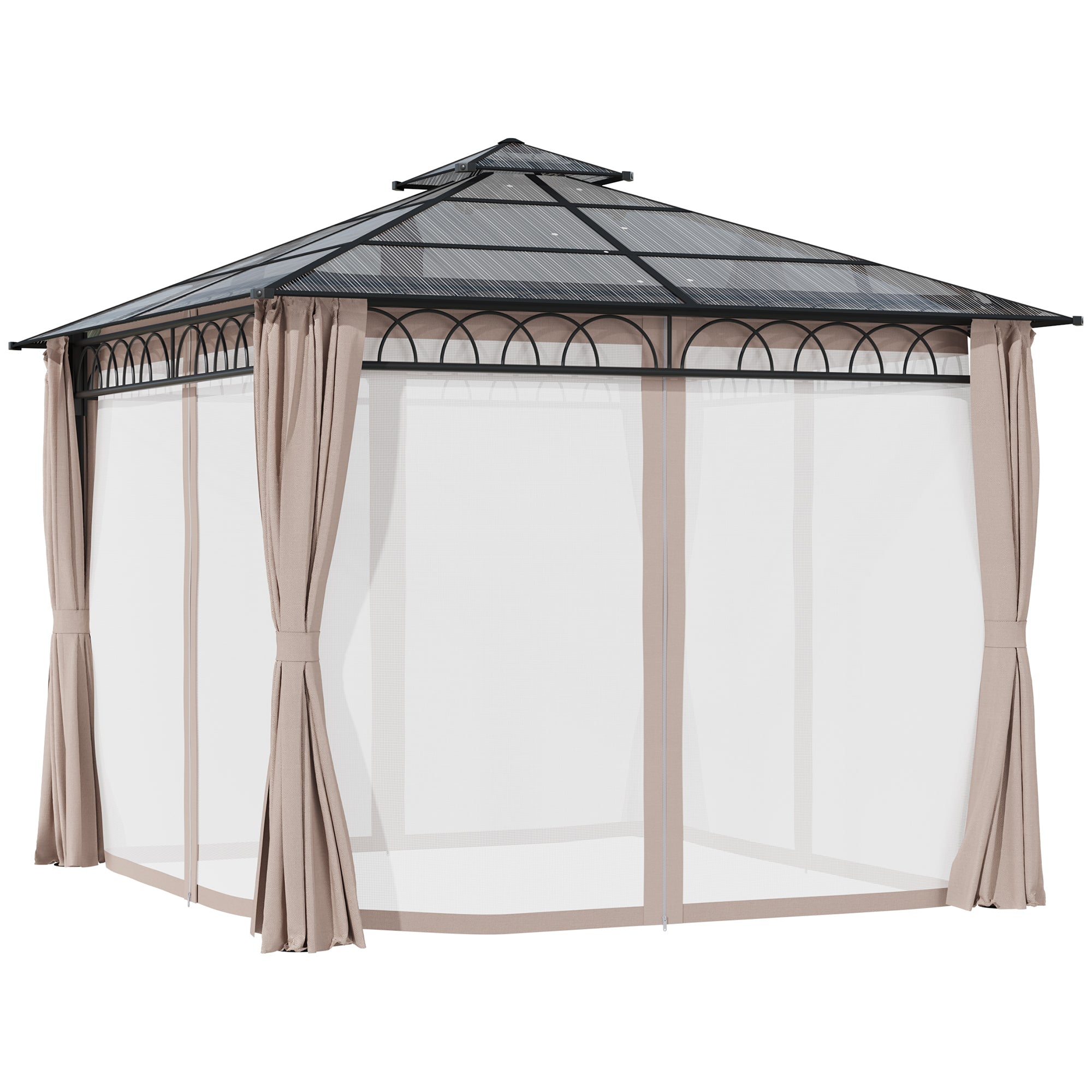 10' x 10' OutdoorÂ Hardtop Gazebo Canopy w/Â Double PC Roof, Steel Frame, Nettings,Â Curtains forÂ GardenÂ LawnÂ Deck, Khaki