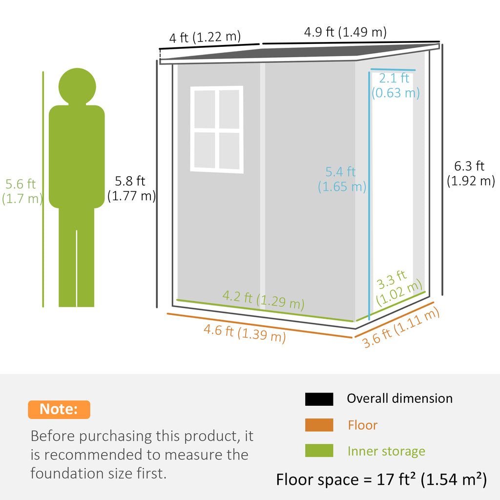 4x5 Lean to Garden Shed with Window Lockable for Garden Tool Storage Grey