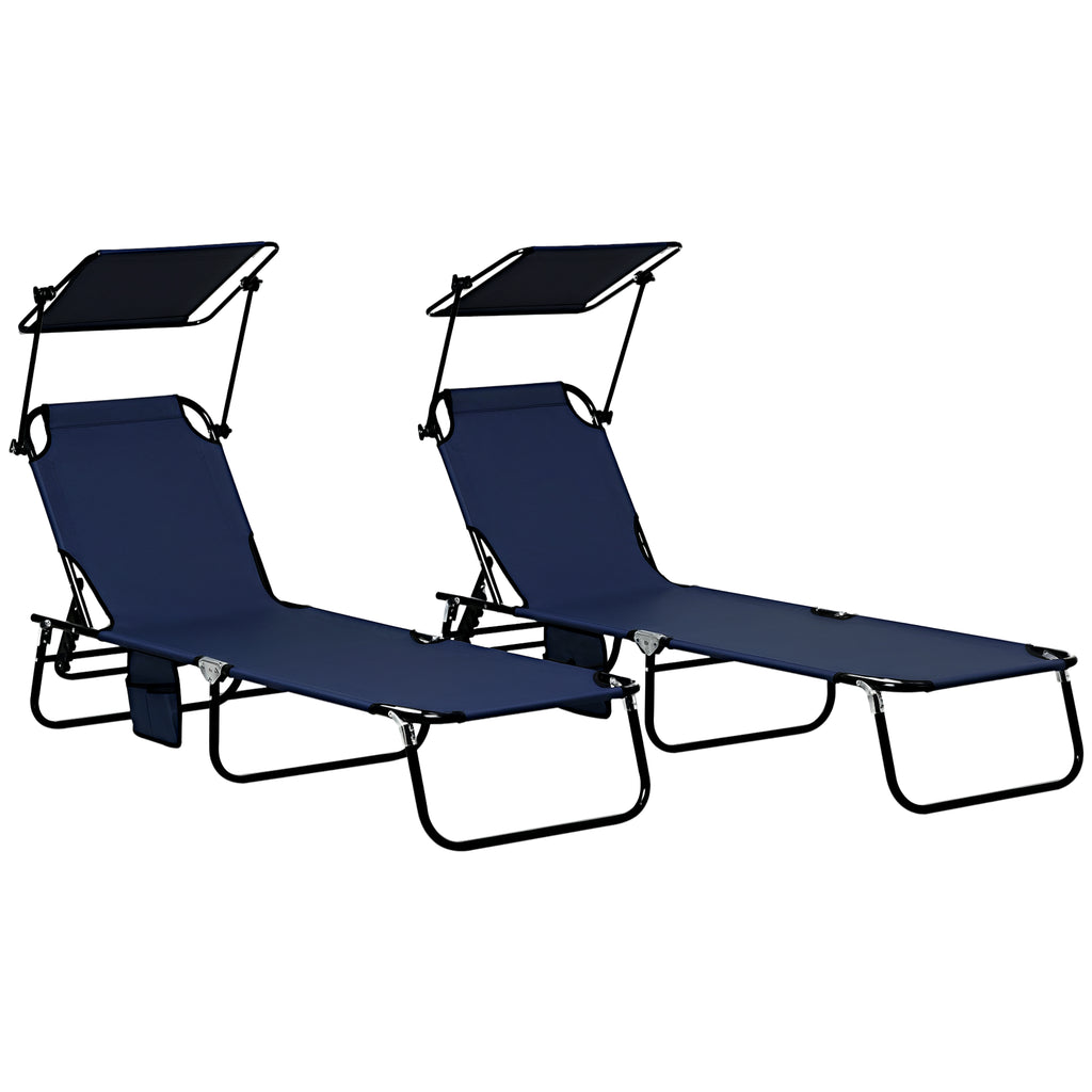 2 Piece Folding Outdoor Chaise Lounges, Pool, Sun, Tanning Chairs with Reclining Back, Sunshade for Beach, Patio, Blue