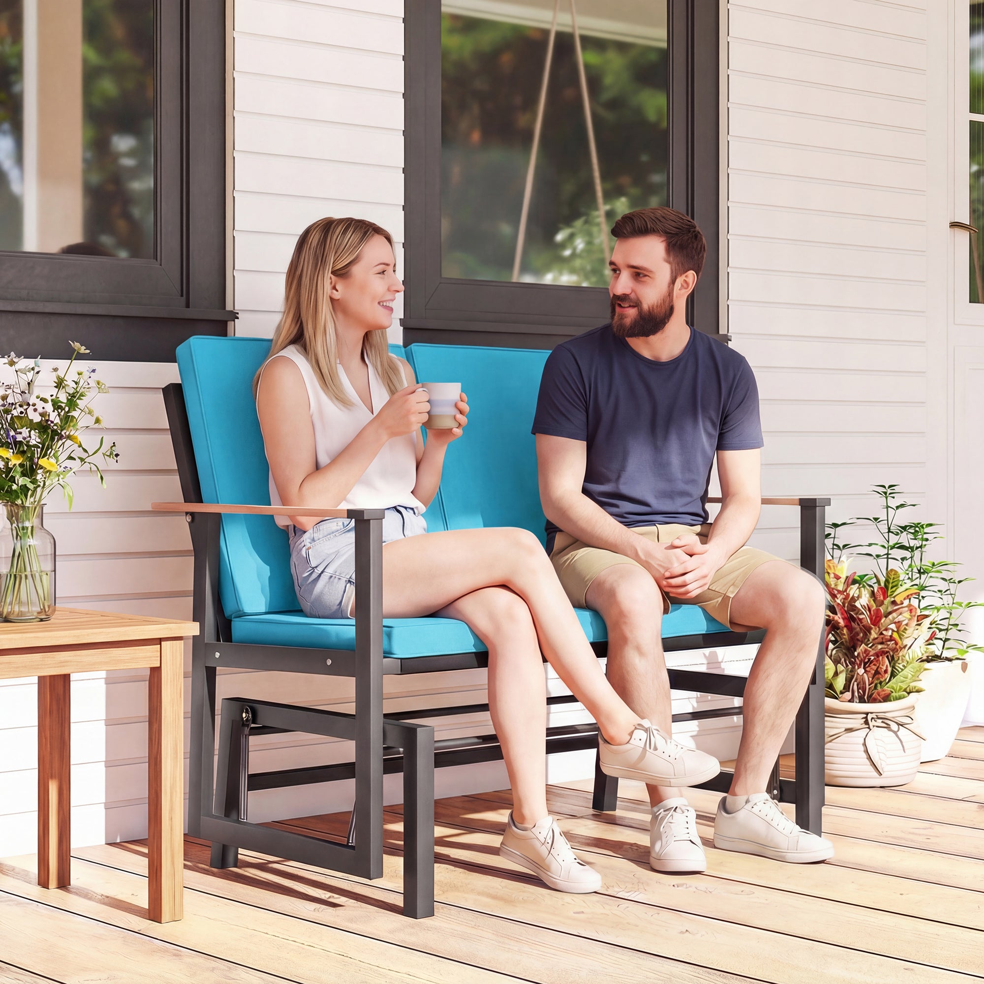 Outdoor Glider Bench for 2 Person, Patio Glider Loveseat with Thick Cushions for Garden Balcony Porch, Navy Blue