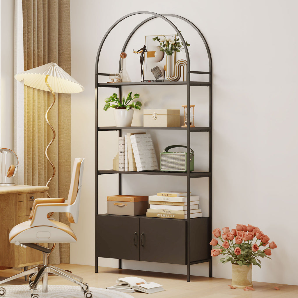 4-Tier Arched Shelving Unit with Cabinet, Bookshelf for Living Room, Office, 31.5" x 11.8" x 73.6", Black