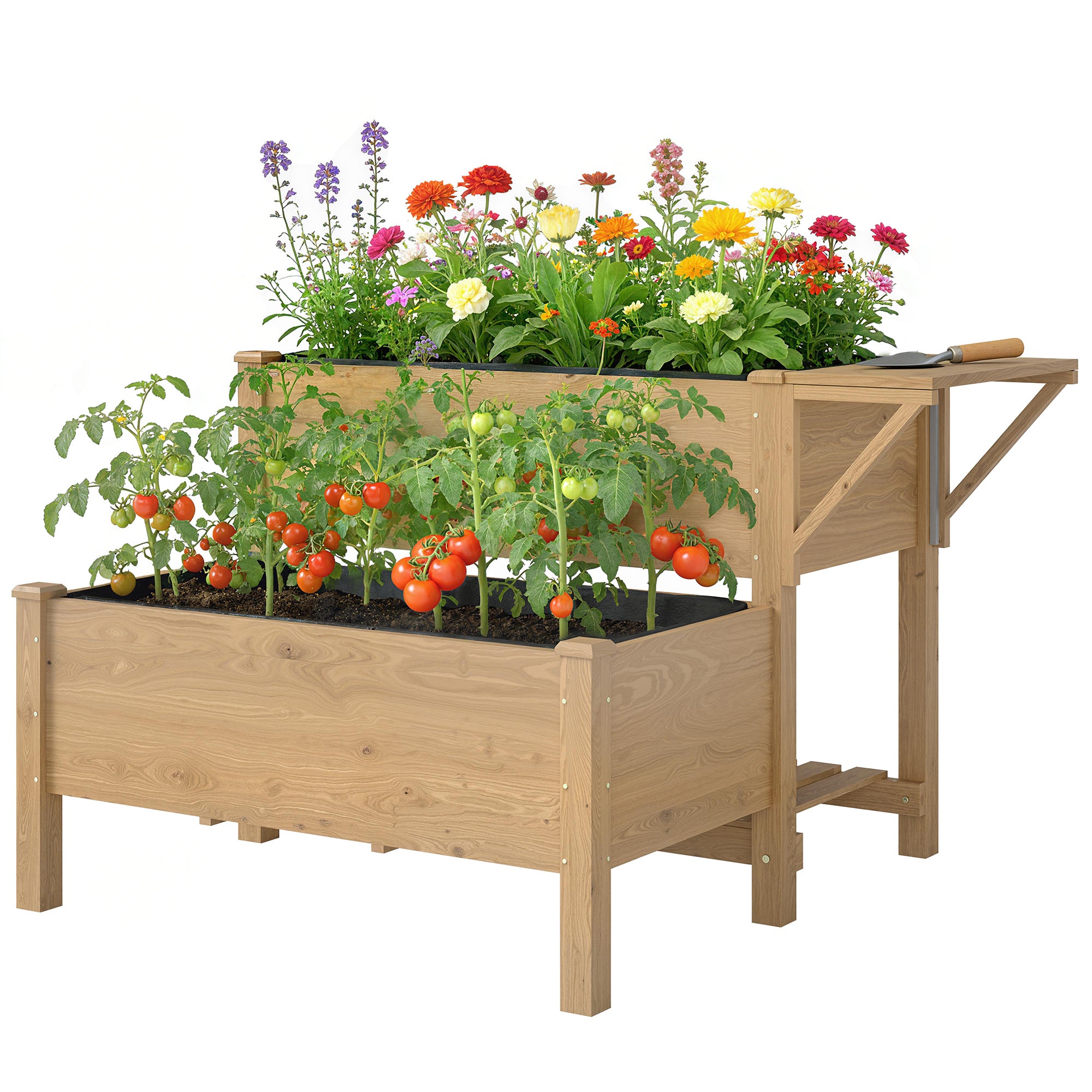 Wooden Raised Garden Bed, 2-Tier Raised Planter with Storage Shelf, Side Board, Drainage Holes and Liner