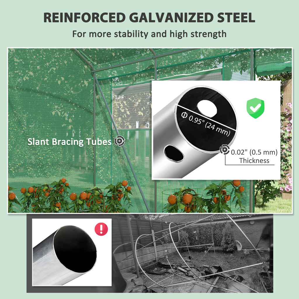 19.5' x 10' x 7.5' Tunnel Greenhouse with 3 Roll-Up Doors and Large Mesh Windows, Galvanized Steel Frame, Wind Resistant, Green