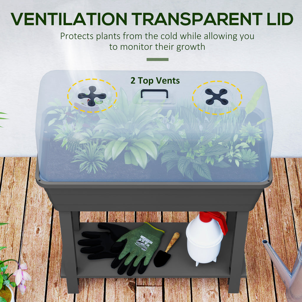 41L Self Watering Raised Garden Bed w/ Ventilation Transparent Lid Greenhouse, Planter Box w/ Storage Shelf, Dark Grey