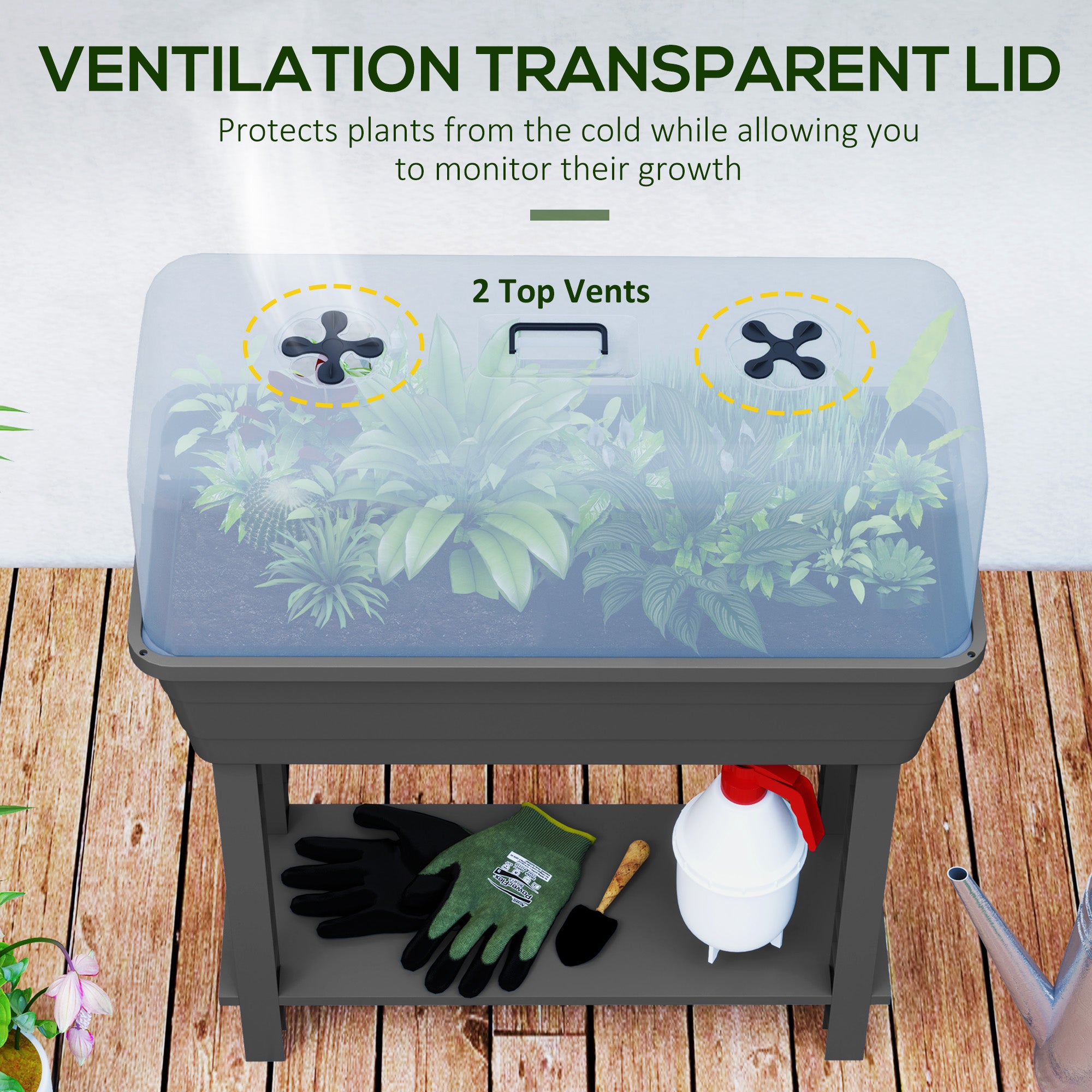 41L Self Watering Raised Garden Bed w/ Ventilation Transparent Lid Greenhouse, Planter Box w/ Storage Shelf, Dark Grey