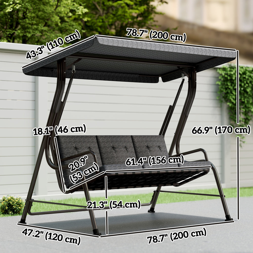 3-Person Porch Swing Chair, Patio Swing Bench with Adjustable Canopy, Removable Thicken Cushion, Black