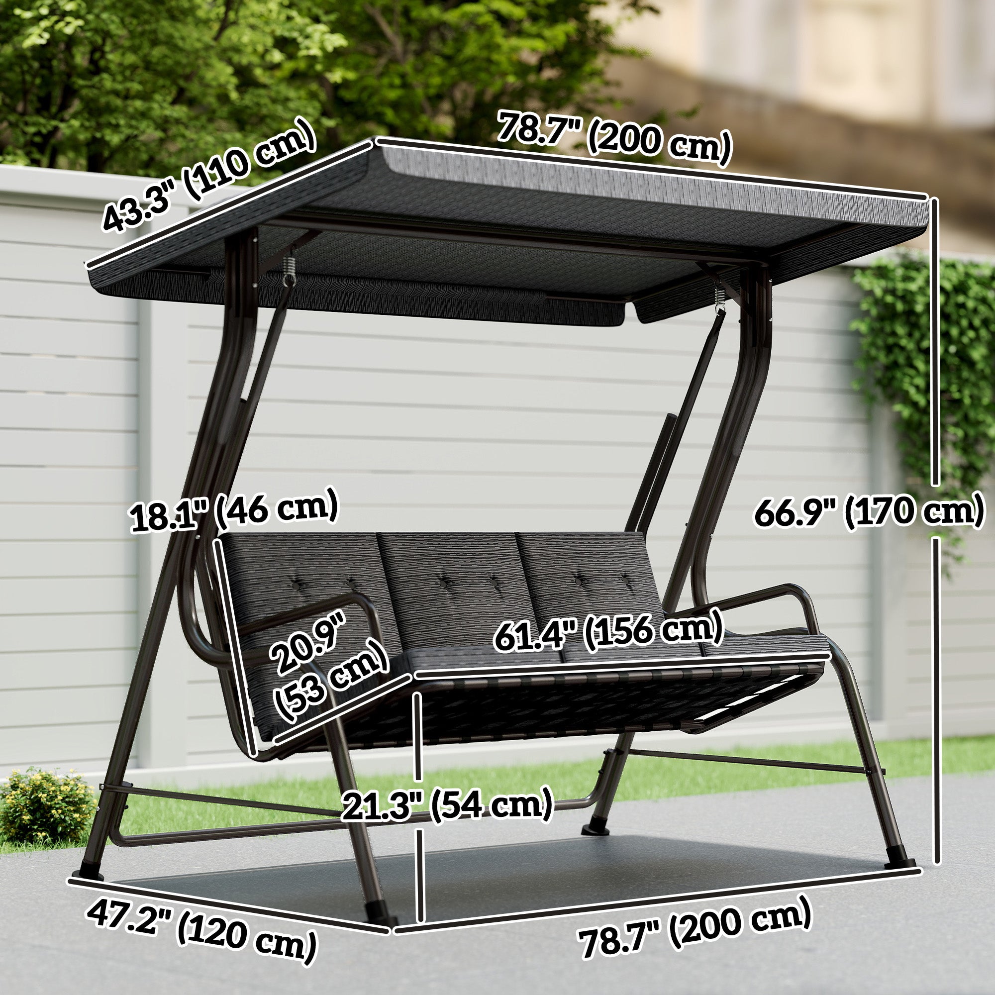 3-Person Porch Swing Chair, Patio Swing Bench with Adjustable Canopy, Removable Thicken Cushion, Black