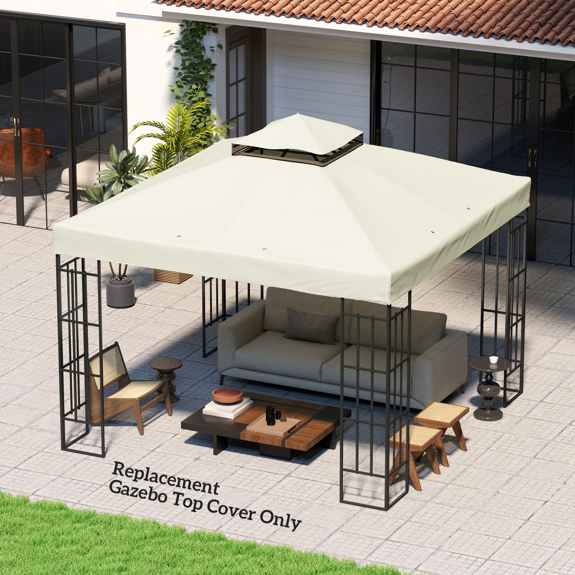 10' x 10' Gazebo Canopy Replacement Cover, 2-Tier Garden Gazebo Roof Replacement, UPF30+, TOP COVER ONLY, Light Grey