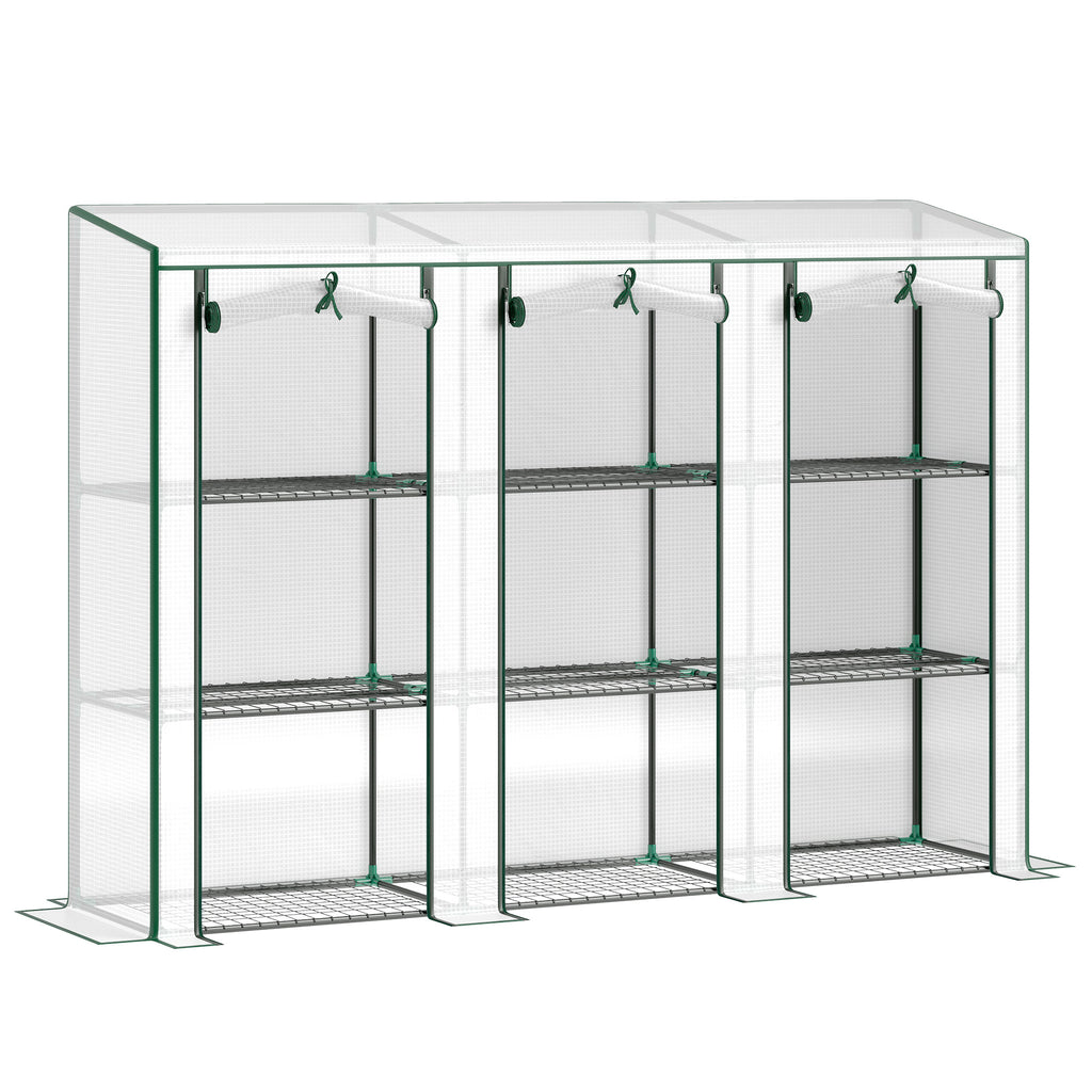 Lean-to Greenhouse with 3 Tier Shelves, Mini Greenhouse with 3 Roll-Up Doors for Indoor Outdoor, White