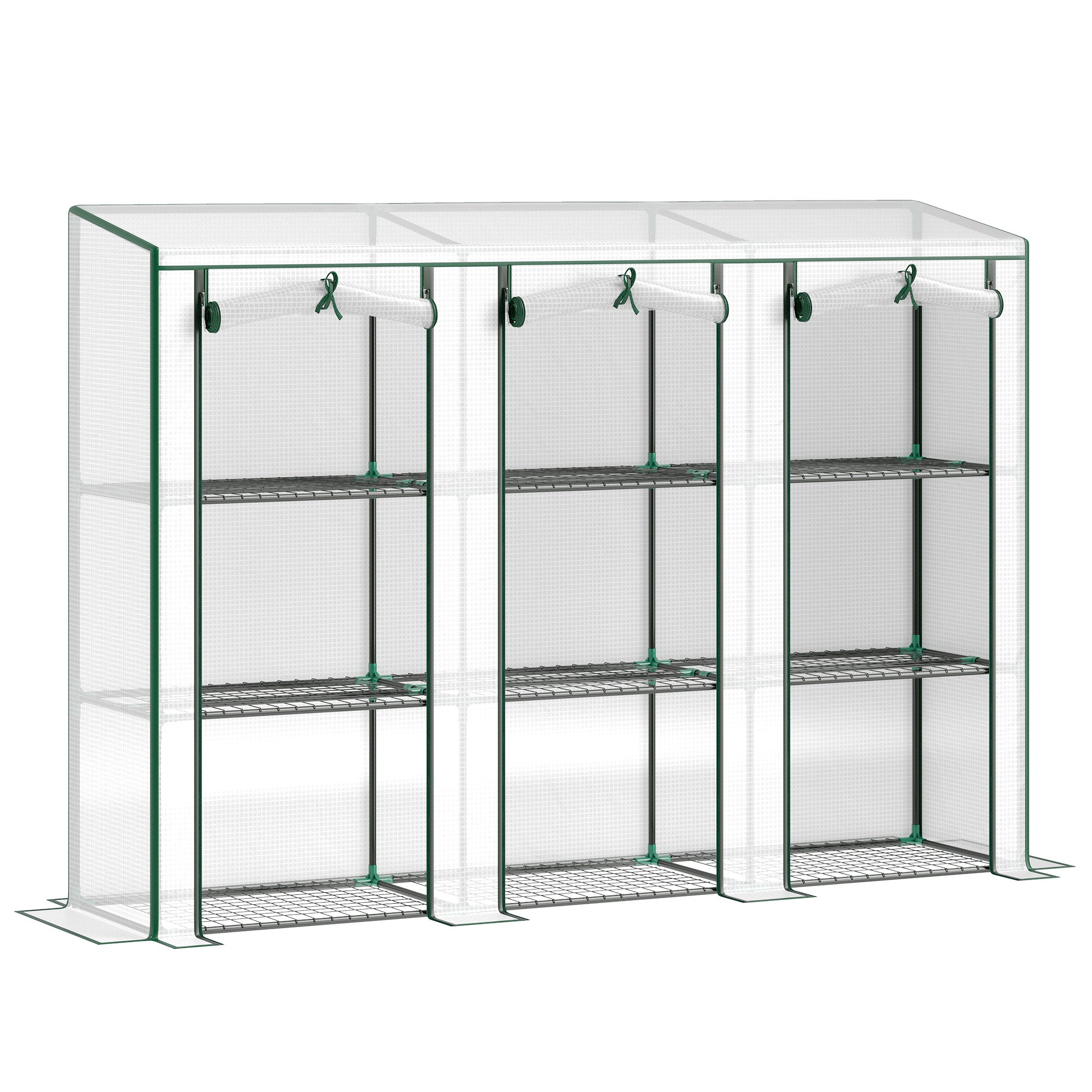Lean-to Greenhouse with 3 Tier Shelves, Mini Greenhouse with 3 Roll-Up Doors for Indoor Outdoor, White