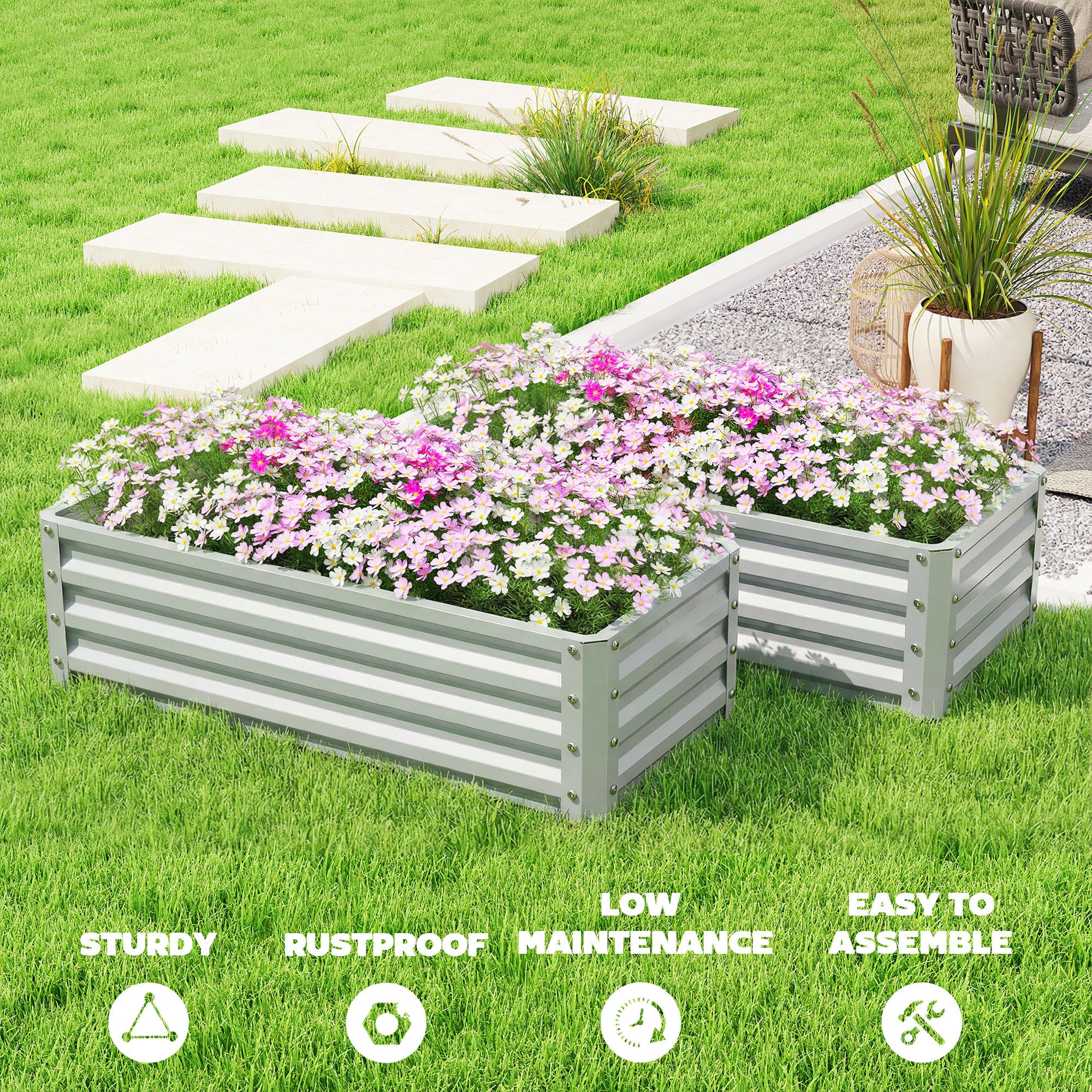Galvanized Raised Garden Beds, Outdoor Planter Box, Set of 2, for Flowers, Herbs and Vegetables, Silver