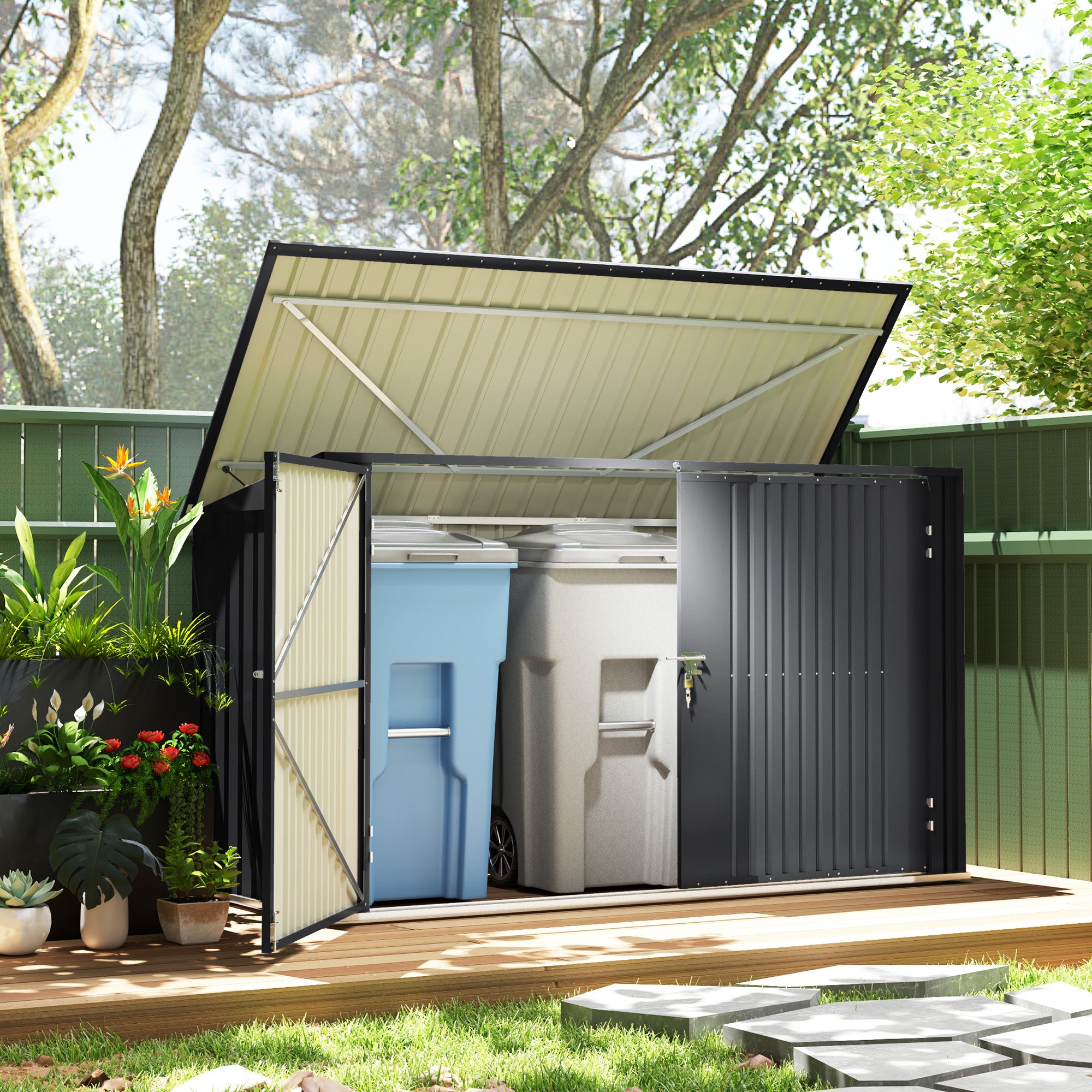 7.6 x 3.4ft Outdoor Storage Shed, Triple Garbage Bin Shed Organizer with Lockable Double Doors and Openable Lid