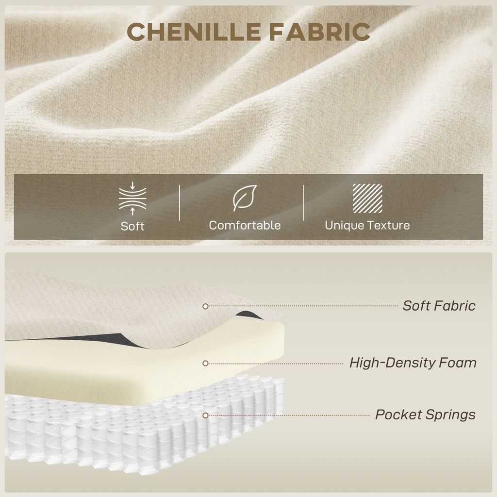3 Seater Sofa, 102" Chenille Boneless Couch with Wide Seat, Spring Cushions, High-Density Foam, 3 Pillows, Cream White