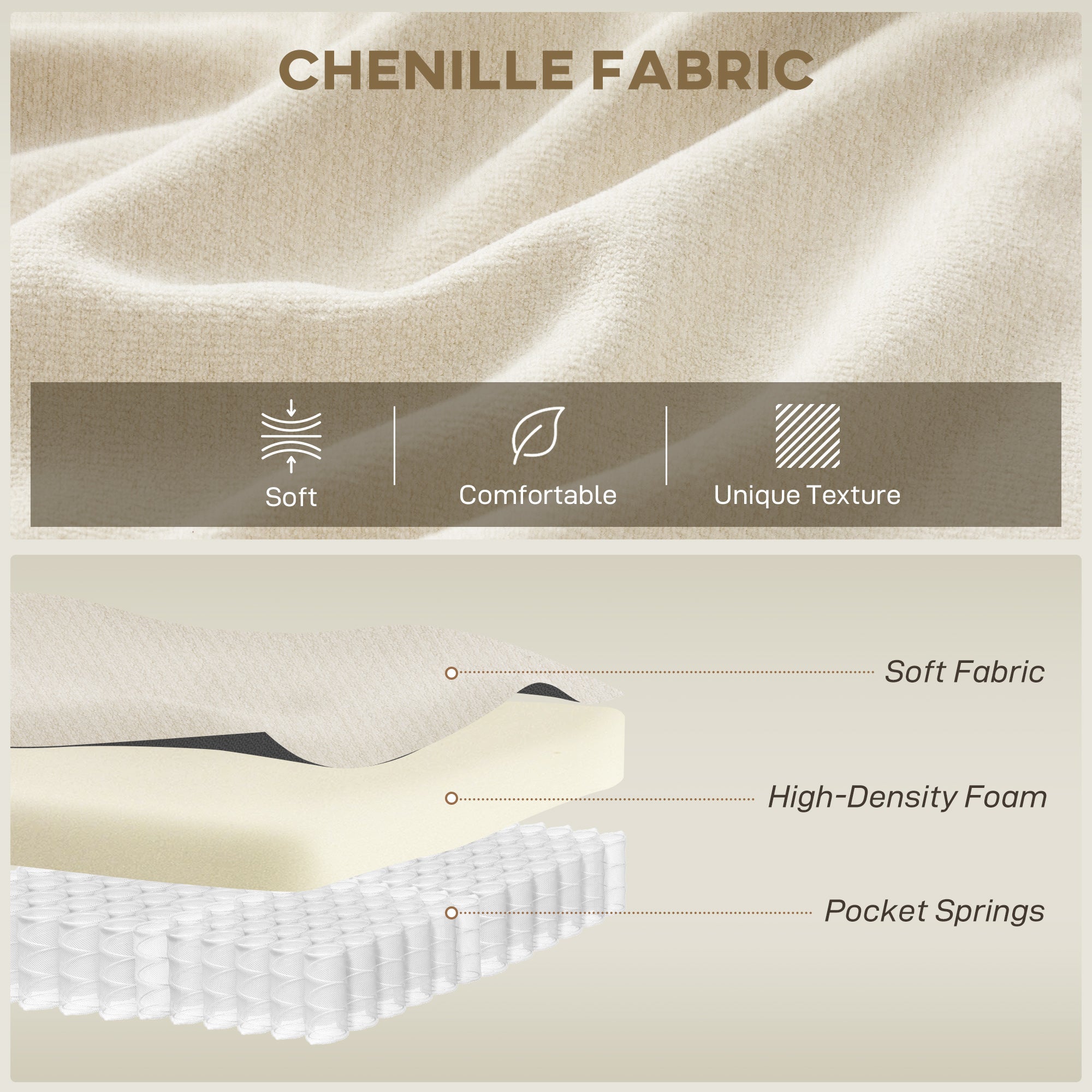 3 Seater Sofa, 102" Chenille Boneless Couch with Wide Seat, Spring Cushions, High-Density Foam, 3 Pillows, Cream White