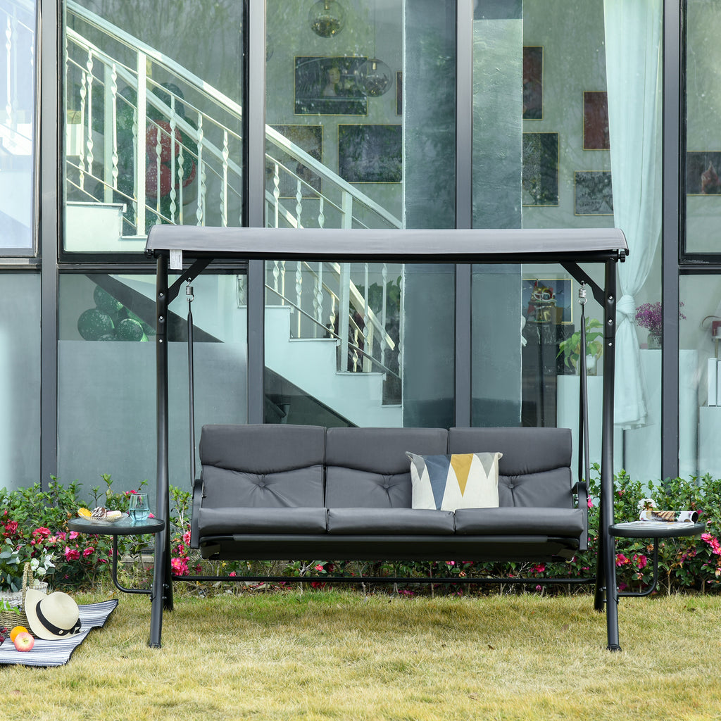 3 Seat Outdoor Swing Chair Steel Swing Bench Porch Swing With Adjustable Canopy, Coffee Tables and Cushion for Patio Garden, Dark Grey