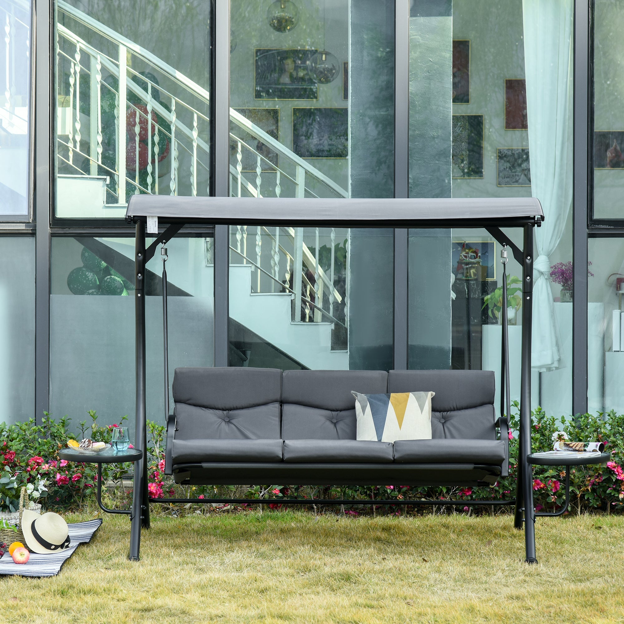 3 Seat Outdoor Swing Chair Steel Swing Bench Porch Swing With Adjustable Canopy, Coffee Tables and Cushion for Patio Garden, Dark Grey