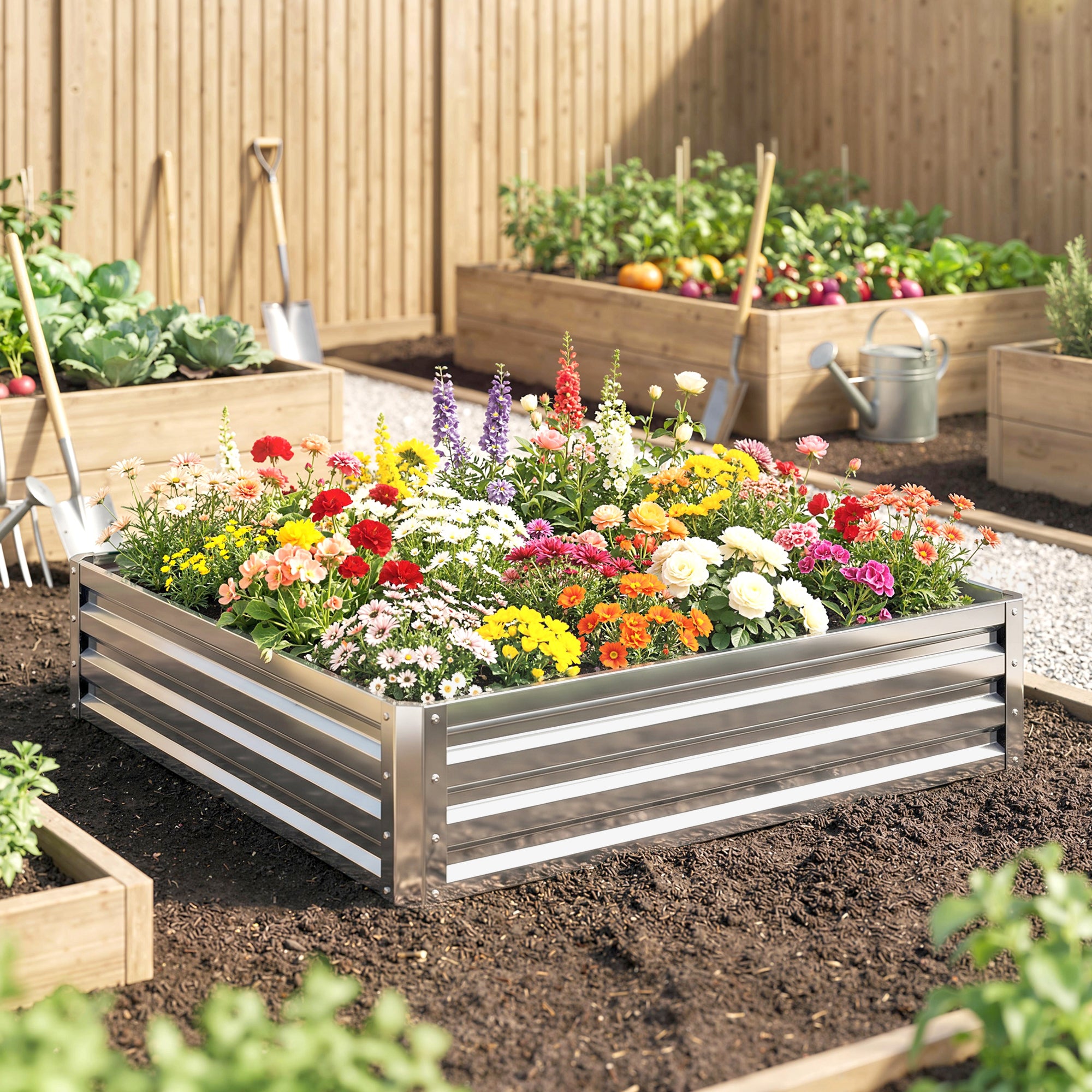 4' x 4' x 1' Galvanized Raised Garden Bed, Metal Garden Box with Open Bottom, Easy Assembly Outdoor Planter Box for Vegetables Flowers Herbs, Silver