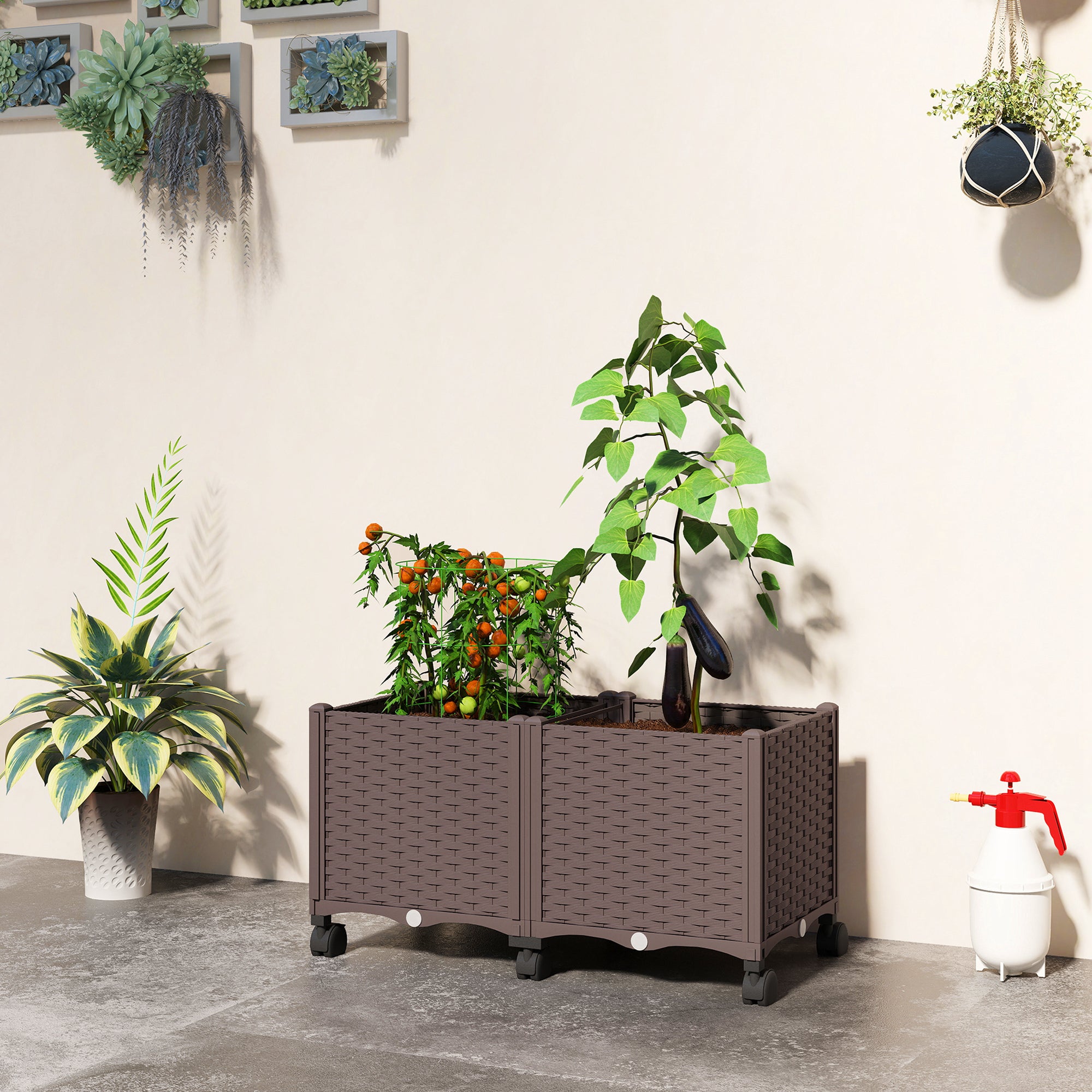 Plastic Raised Garden Bed, Indoor Outdoor Self Watering Planter Box with Drainage Holes and Plugs for Flowers