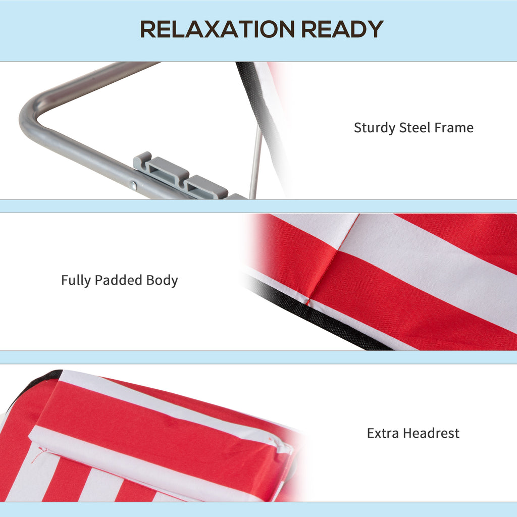 Set of 2 Beach Lounge Chair Sun Lounger, Folding Ground Beach Mat w/ Adjustable Back, Steel Frame, Head Pillow and Carry Bag for Backyard Lakeside, Red and White