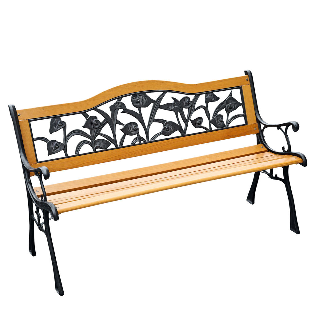 50" 2-Seater Garden Bench Chair, Loveseat for Yard, Lawn, Porch, Patio, Cast Iron/ Wooded, Natural