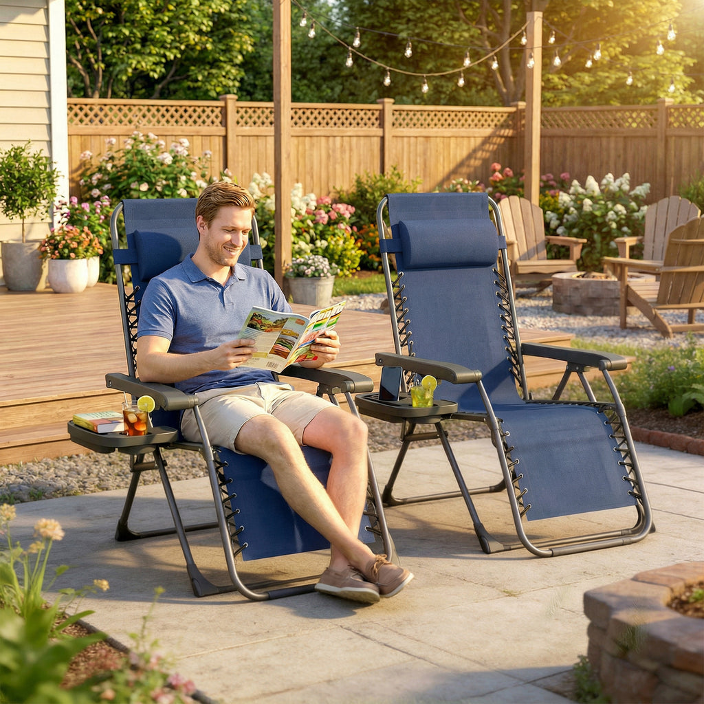 Zero Gravity Chair Set of 2, Folding Reclining Outdoor Lounge Chair with Cup Holder, Headrest, Dark Blue