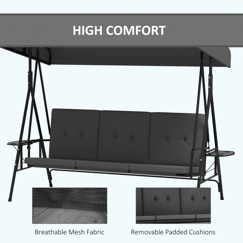 3-Seat Outdoor Porch Swing Patio Swing with Adjustable Canopy, Side Tray, Removable Cushion for Garden, Poolside, Grey